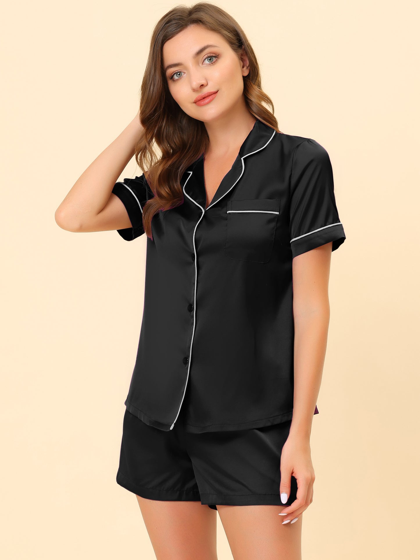 Women's Satin Pajamas Sleepshirt Button Down Top with Shorts Silky Lounge Set