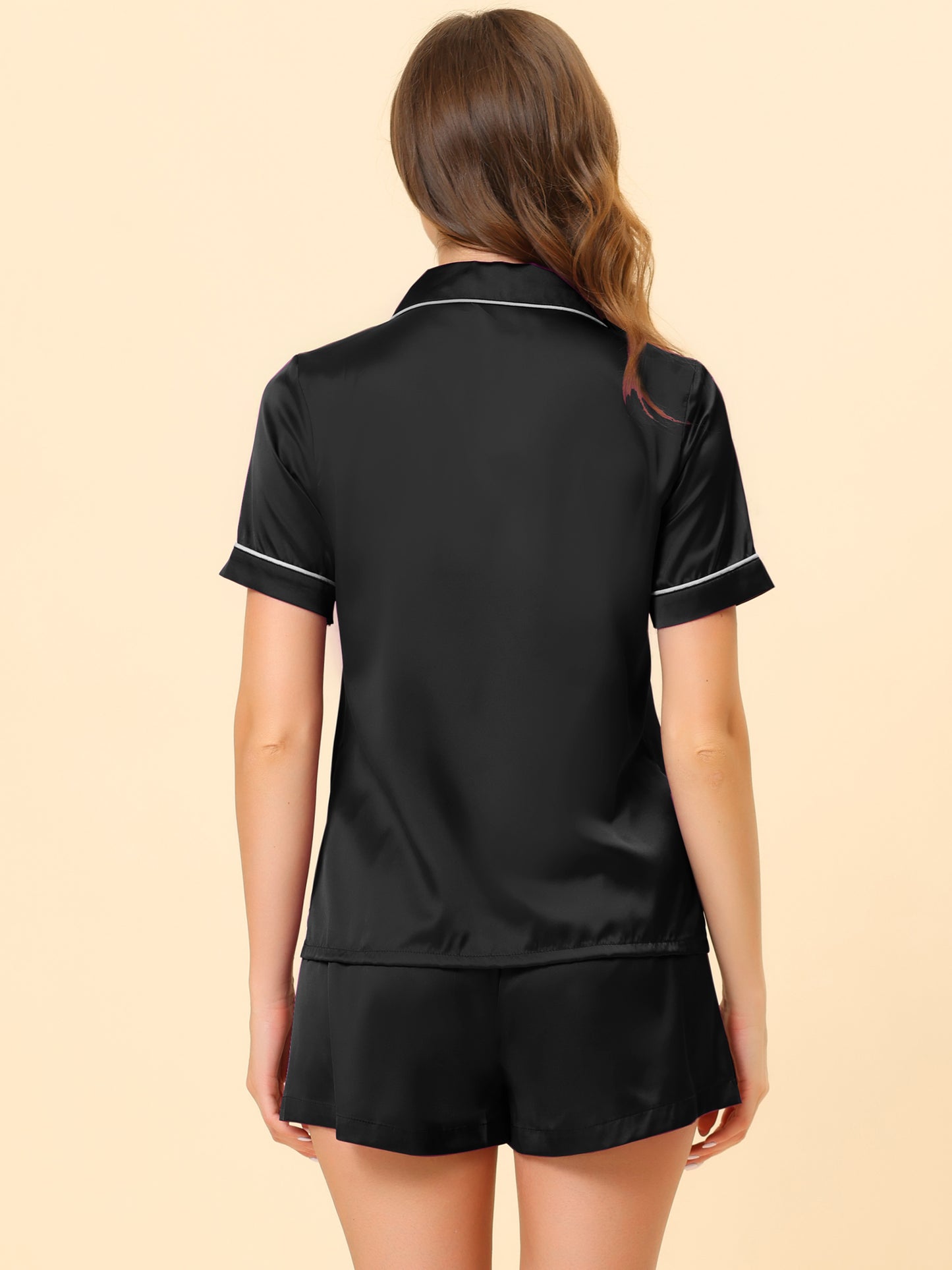 Women's Satin Pajamas Sleepshirt Button Down Top with Shorts Silky Lounge Set