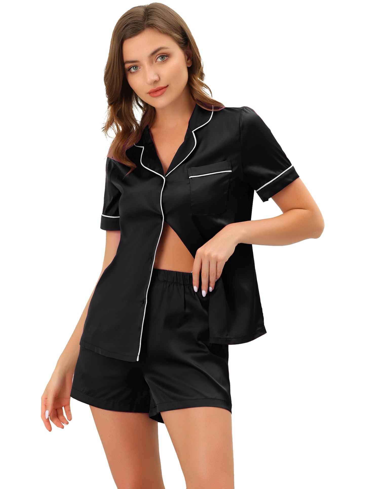 Women's Satin Pajamas Sleepshirt Button Down Top with Shorts Silky Lounge Set