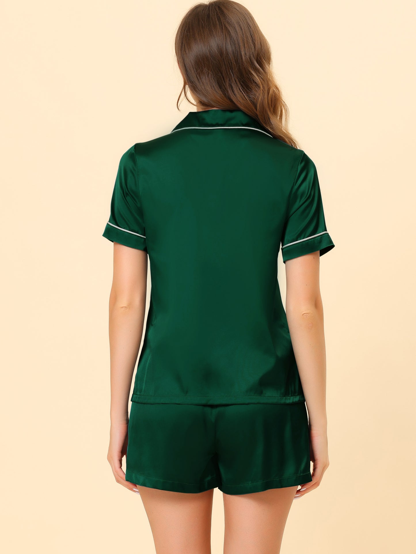 Women's Satin Pajamas Sleepshirt Button Down Top with Shorts Silky Lounge Set