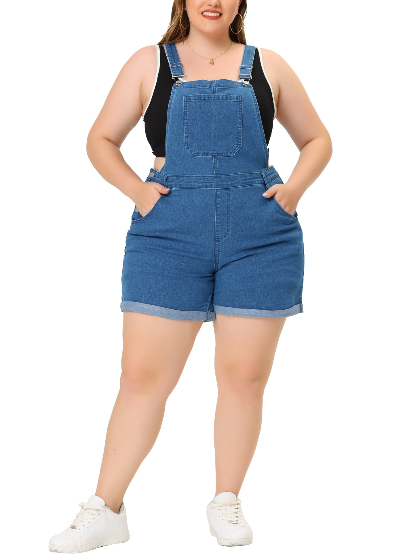 Mono de mezclilla con bolsillos y dobladillo enrollado para mujer, talla grande
