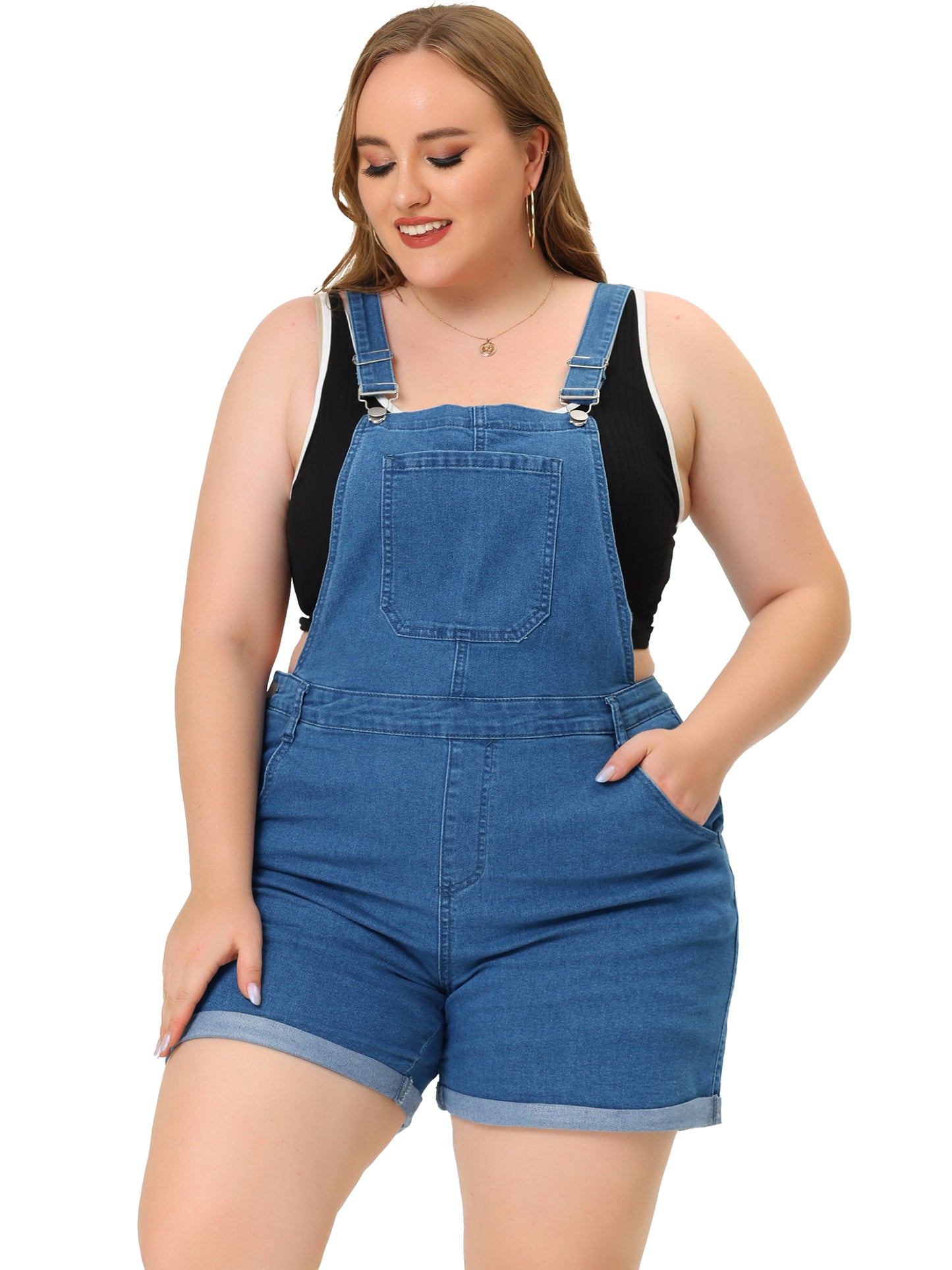 Mono de mezclilla con bolsillos y dobladillo enrollado para mujer, talla grande