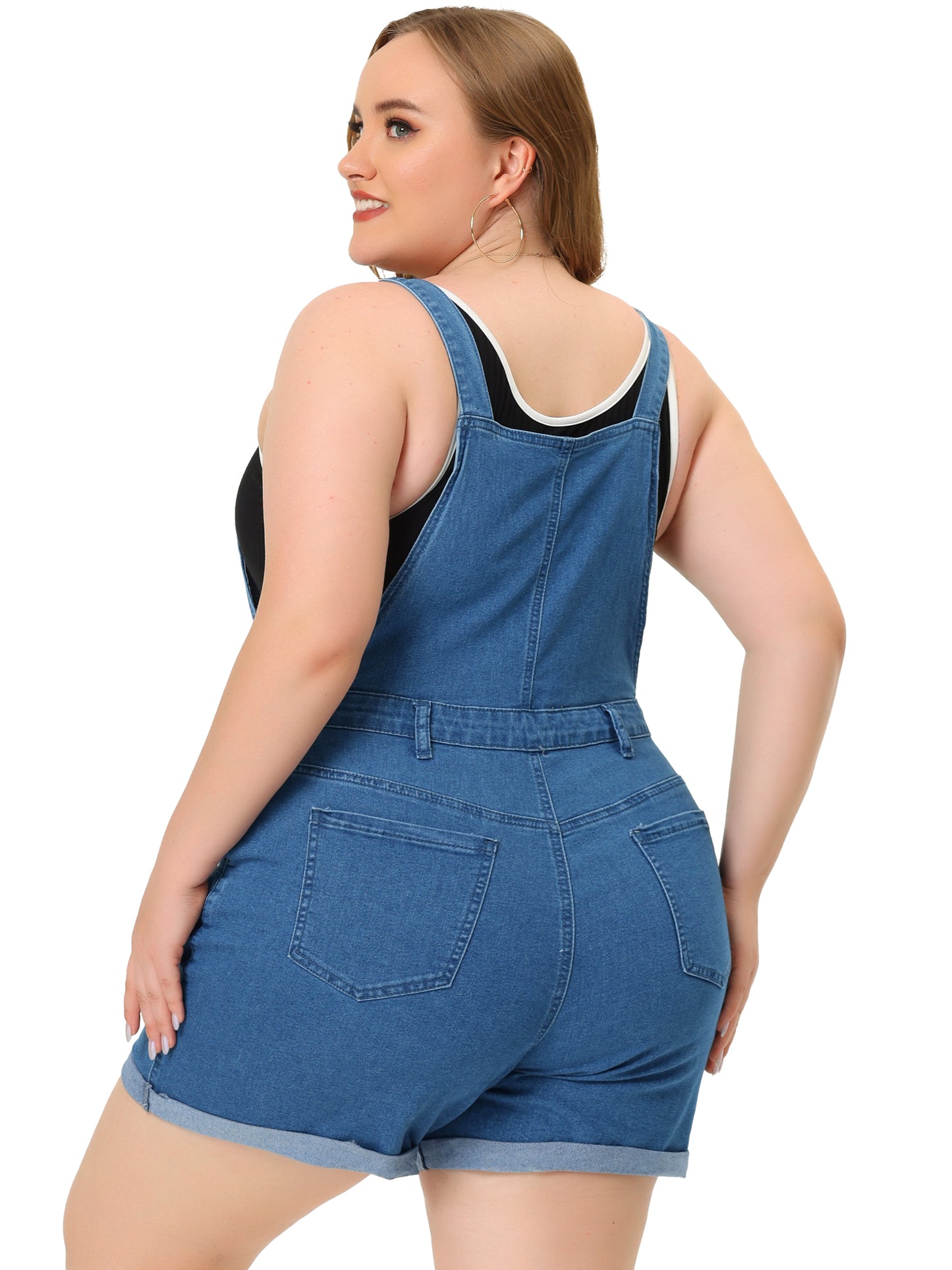 Mono de mezclilla con bolsillos y dobladillo enrollado para mujer, talla grande