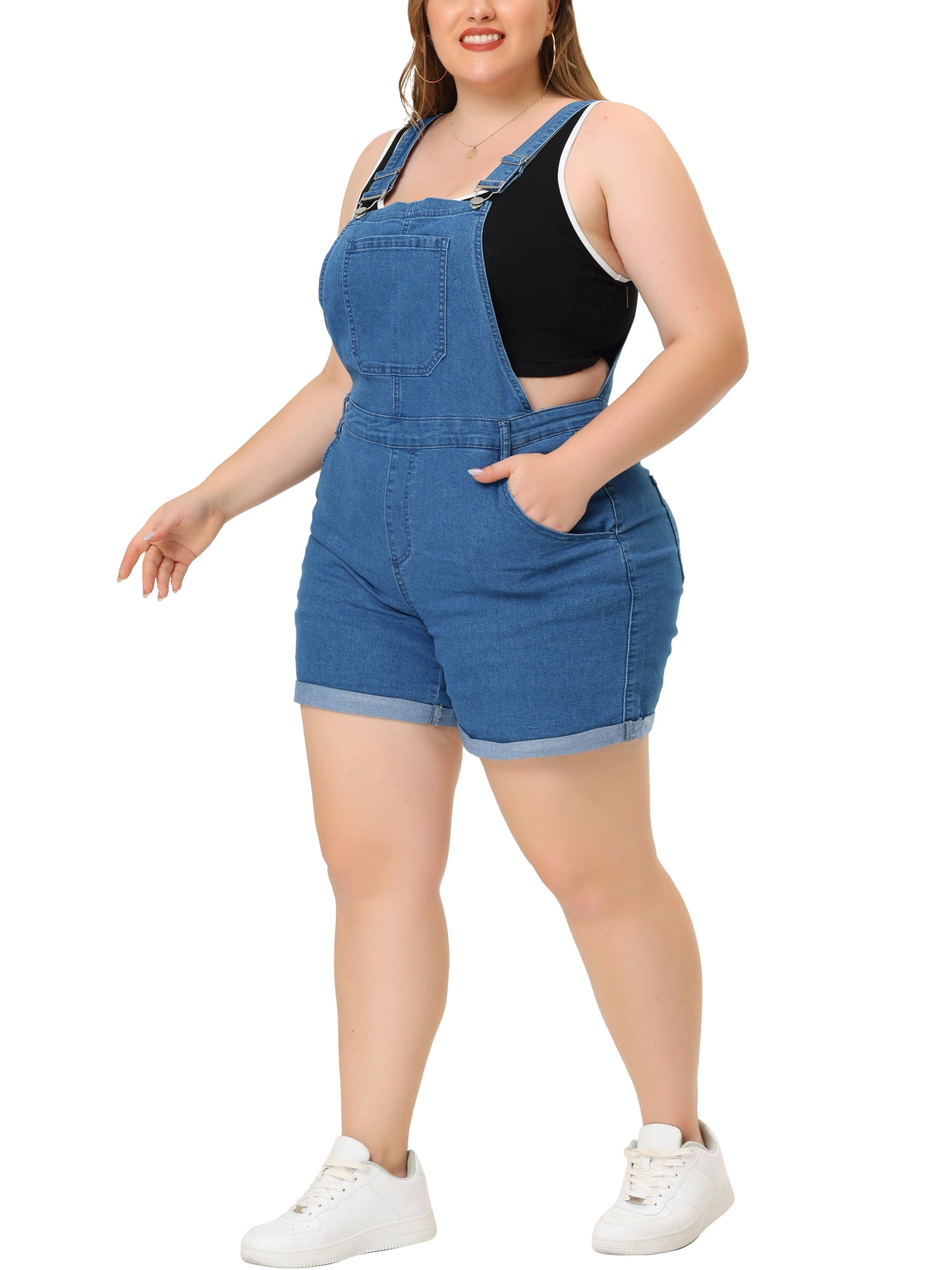 Mono de mezclilla con bolsillos y dobladillo enrollado para mujer, talla grande