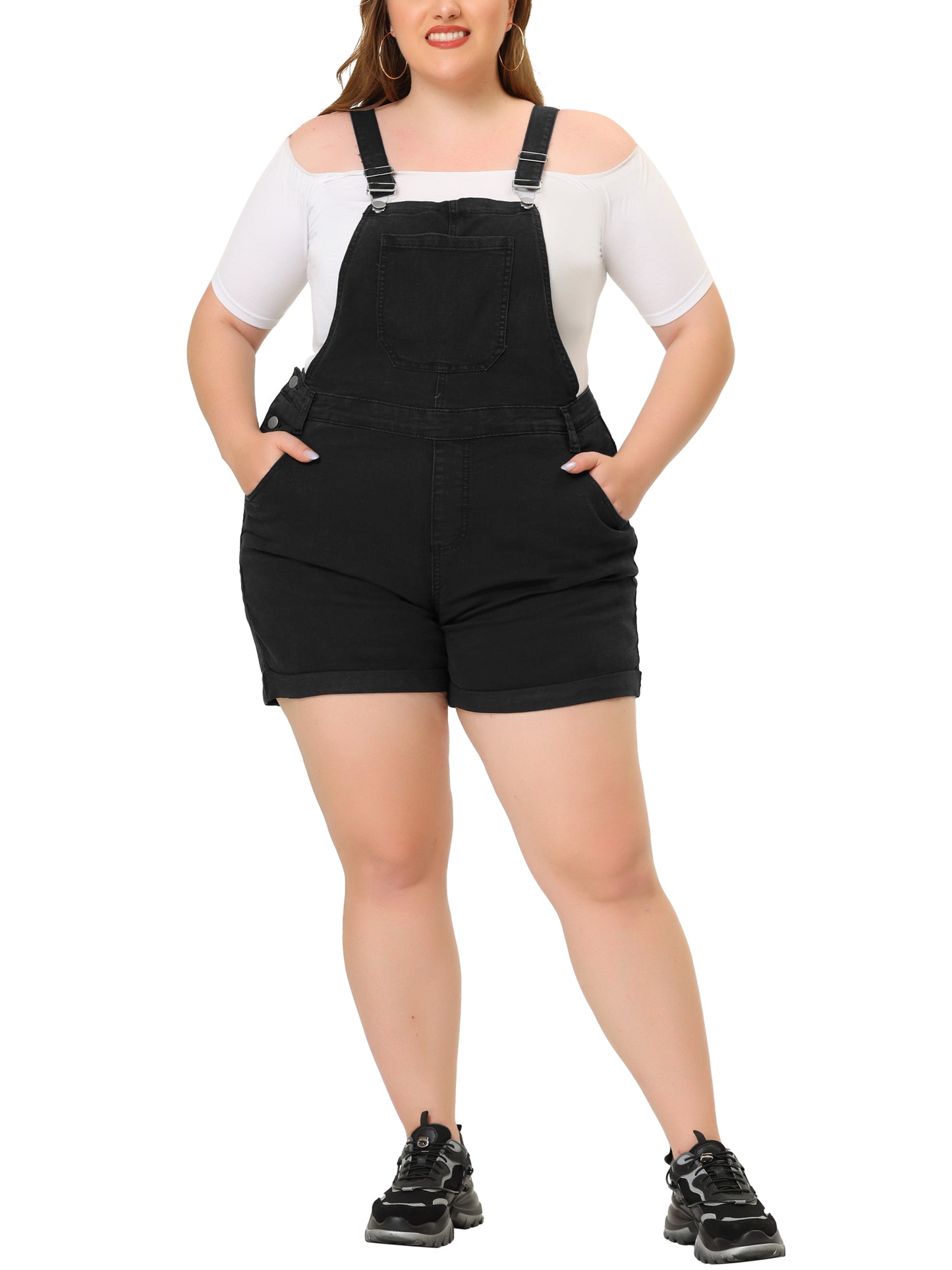 Mono de mezclilla con bolsillos y dobladillo enrollado para mujer, talla grande