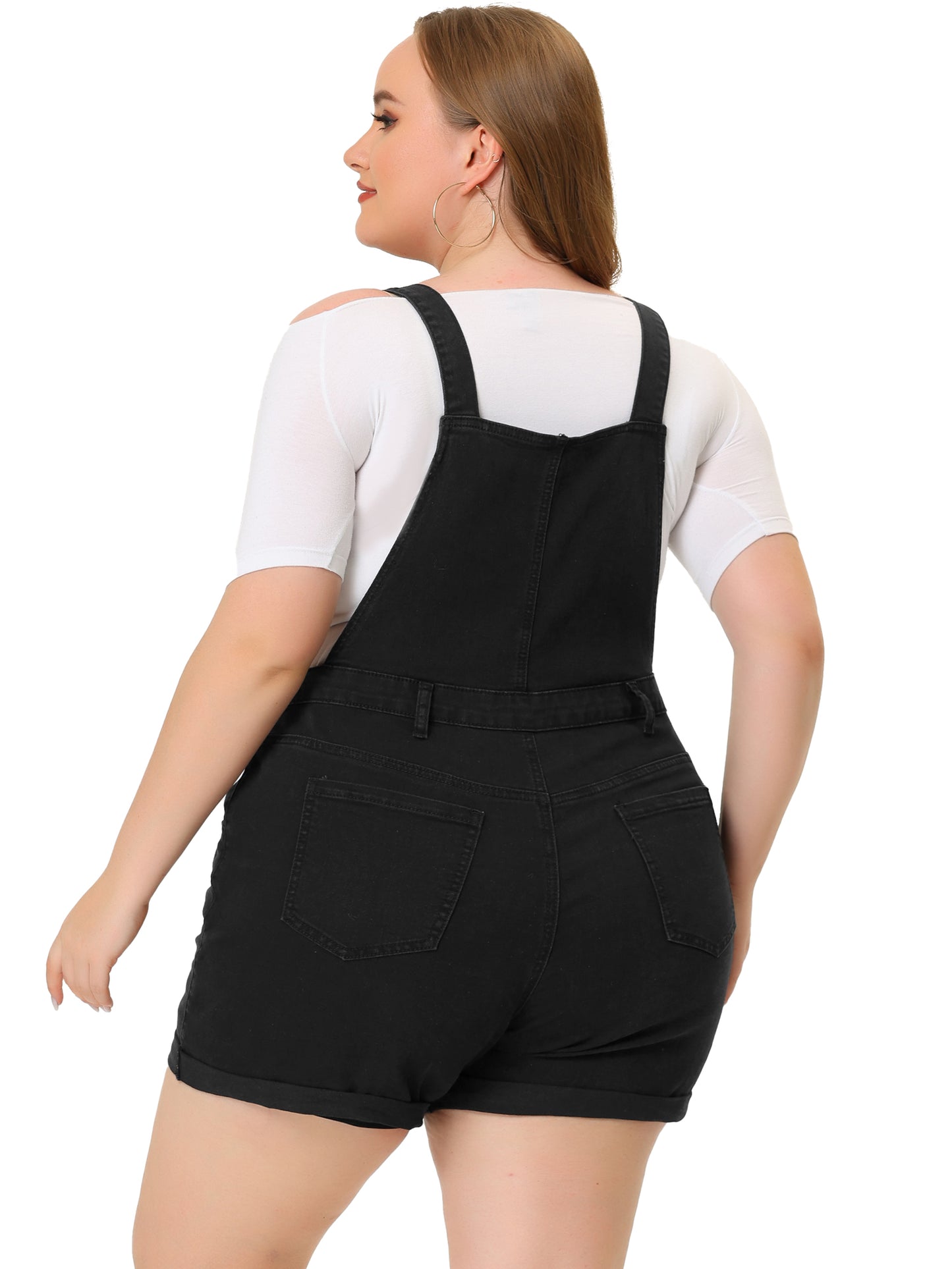 Mono de mezclilla con bolsillos y dobladillo enrollado para mujer, talla grande