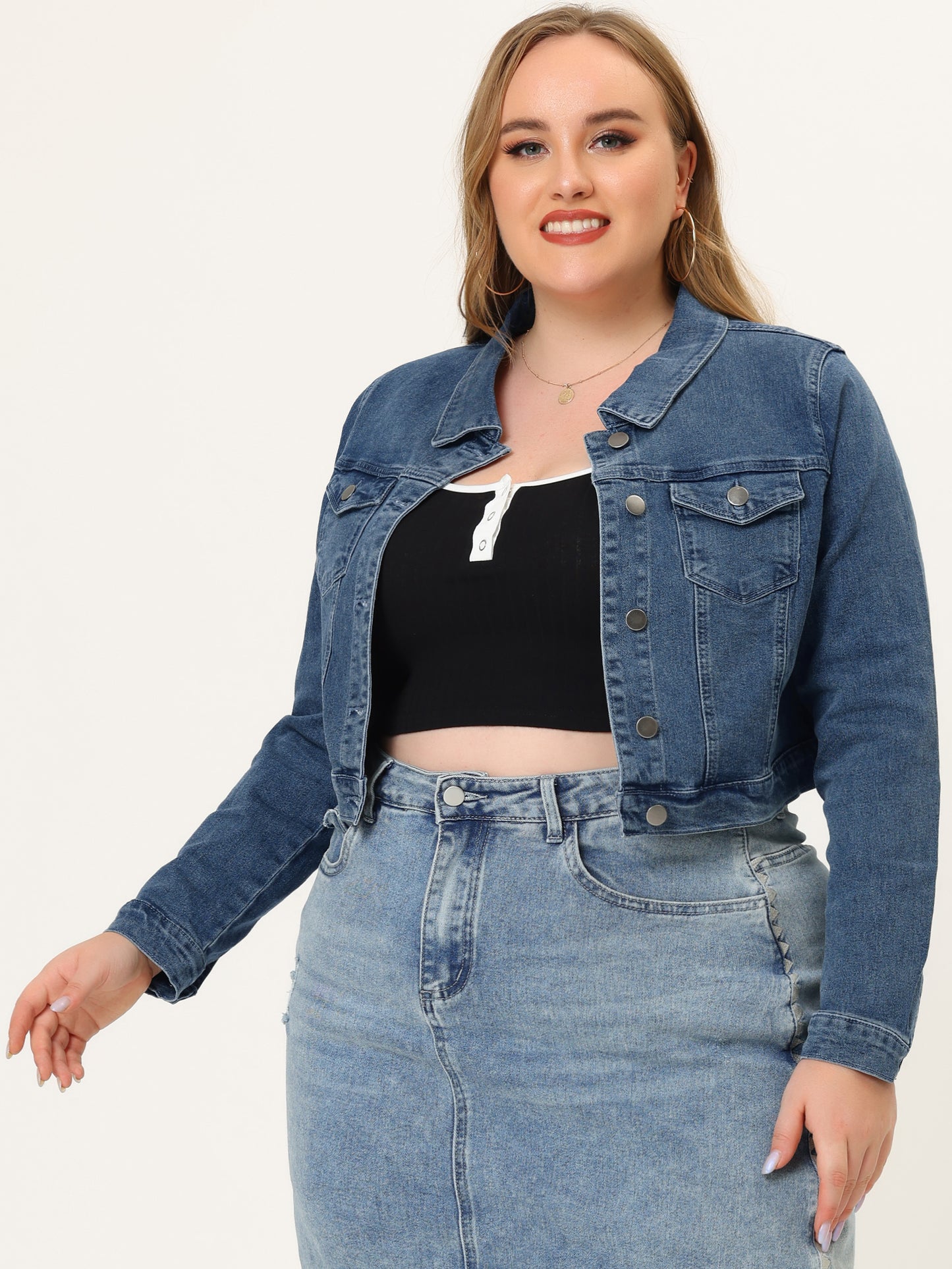 Women's Plus Size Button Closed Cropped Stitching Denim Jacket