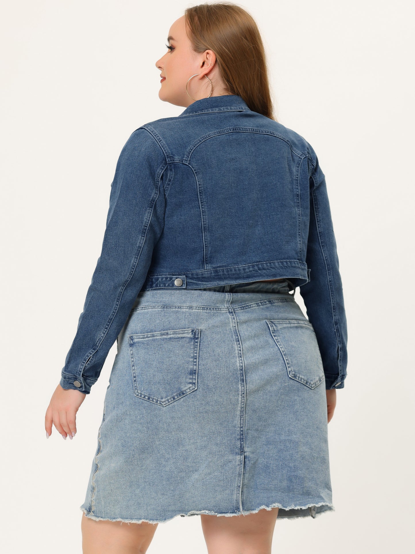 Women's Plus Size Button Closed Cropped Stitching Denim Jacket