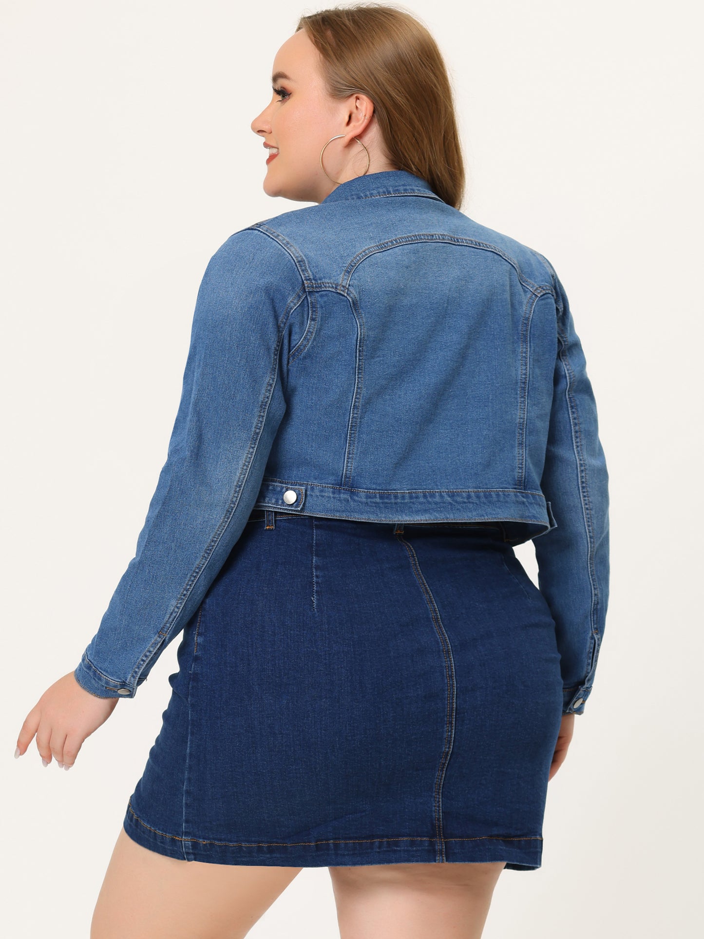 Women's Plus Size Button Closed Cropped Stitching Denim Jacket