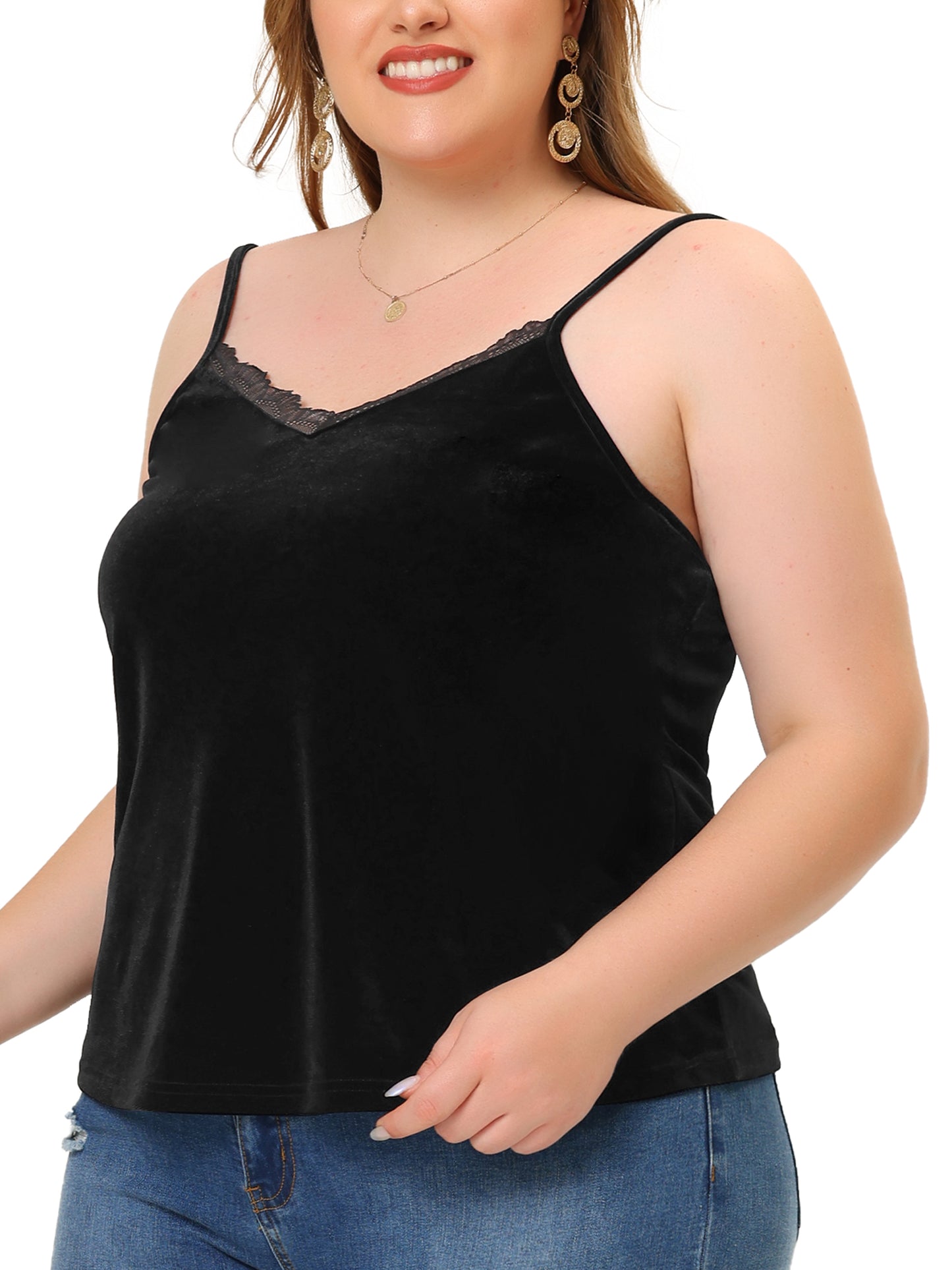 Women Plus Size Tops Sexy V Neck Velvet Lace Trim Cami Tank Top