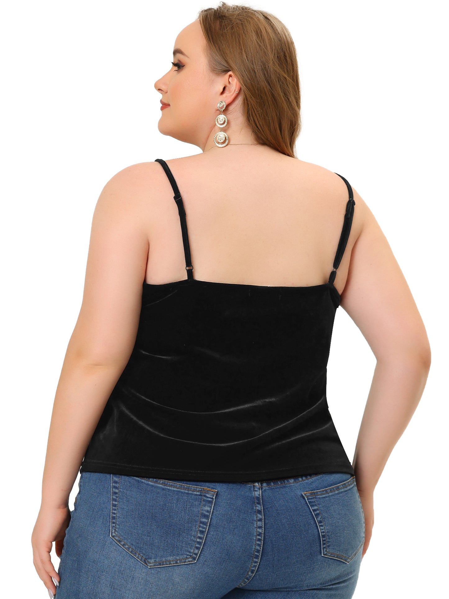 Women Plus Size Tops Sexy V Neck Velvet Lace Trim Cami Tank Top