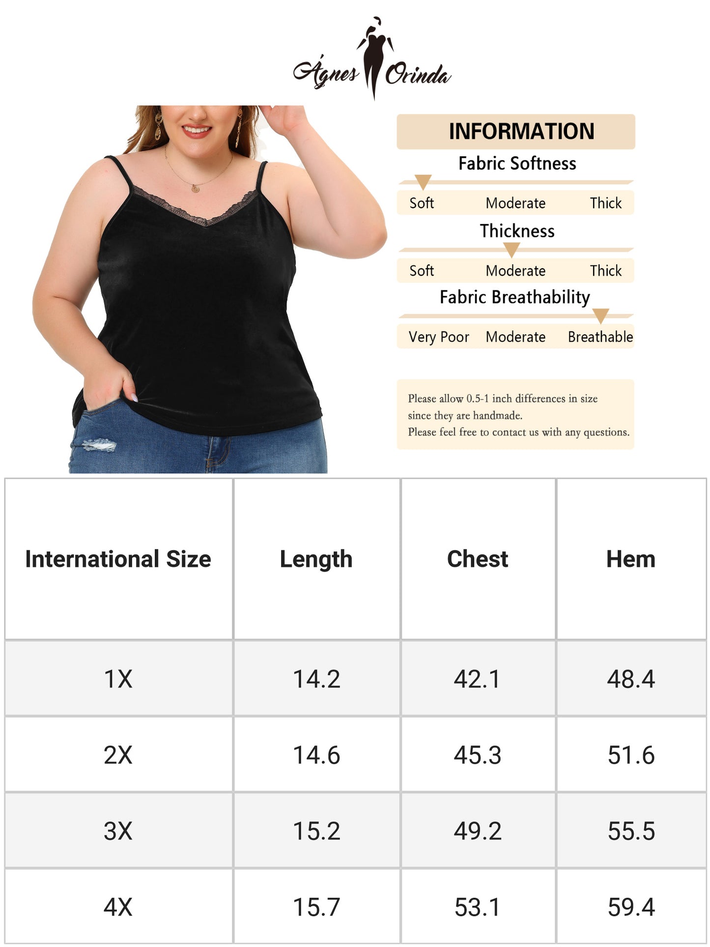 Women Plus Size Tops Sexy V Neck Velvet Lace Trim Cami Tank Top