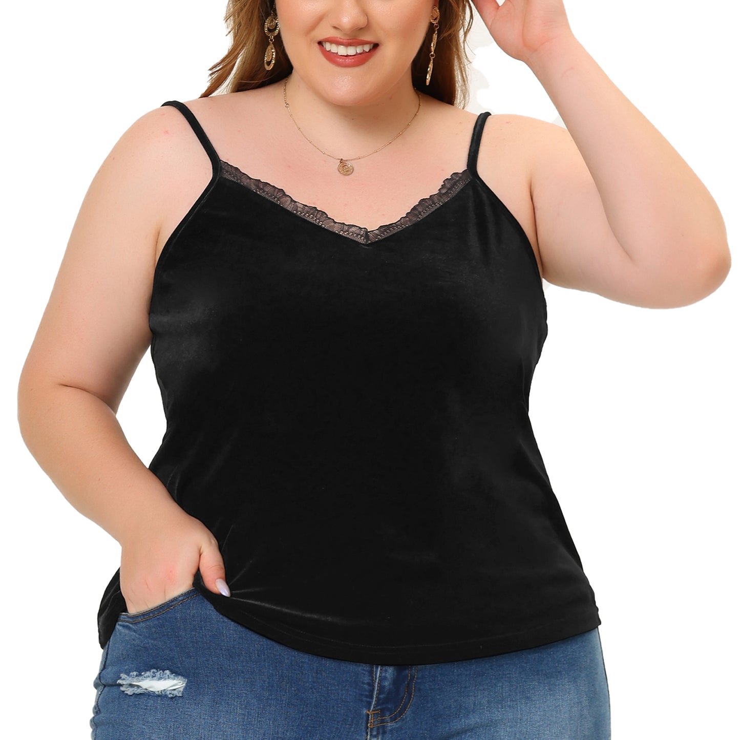 Women Plus Size Tops Sexy V Neck Velvet Lace Trim Cami Tank Top