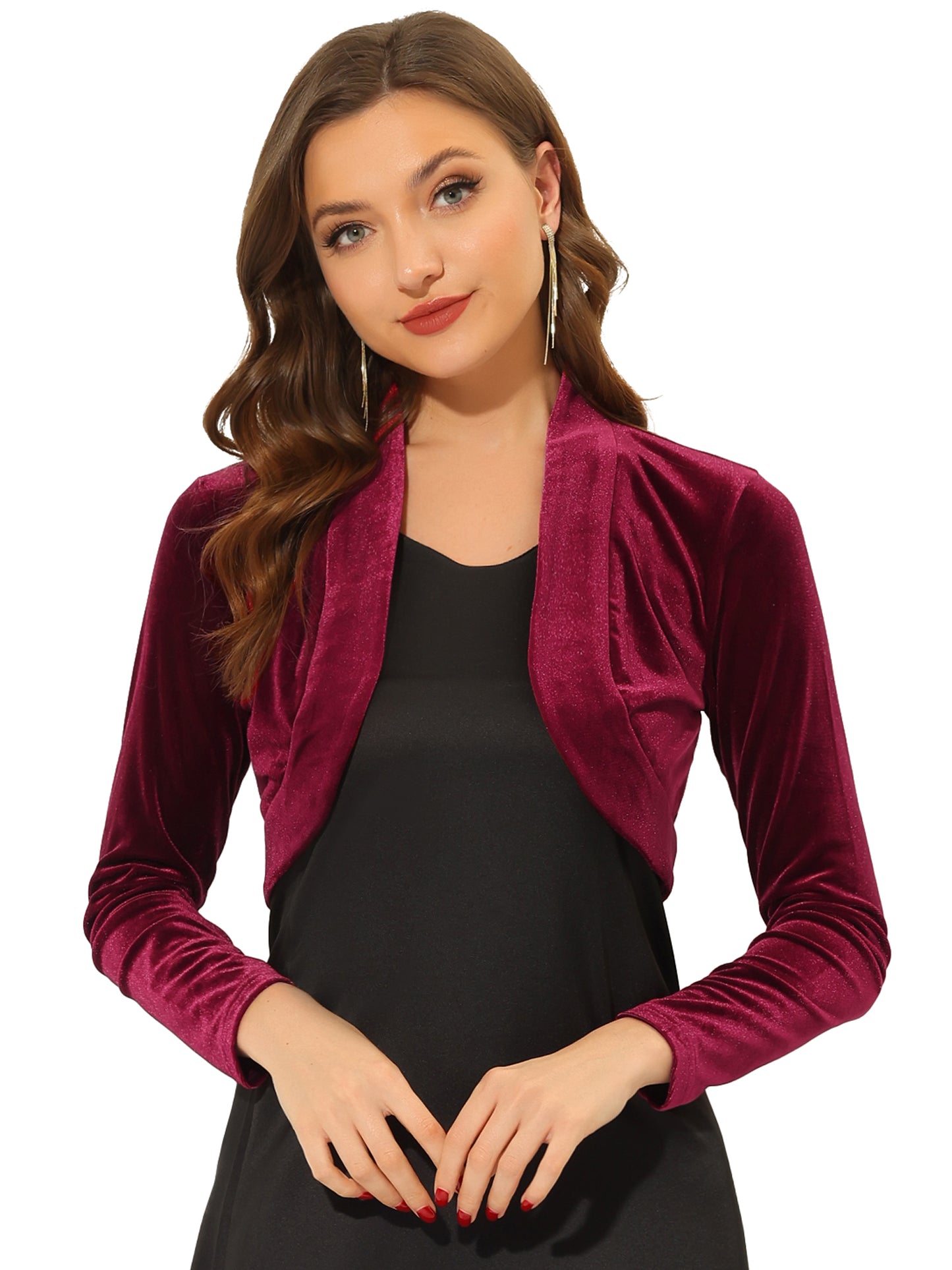 Women's Long Sleeve Velvet Shrug Cocktail Party Open Front Cropped Bolero Cardigan Top