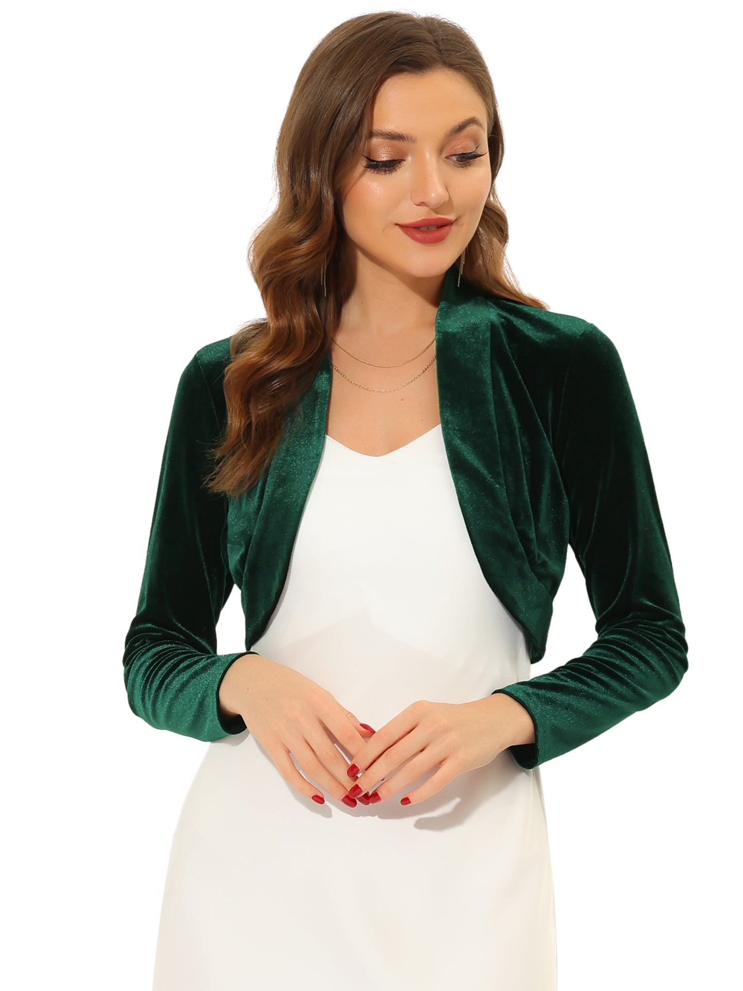 Women's Long Sleeve Velvet Shrug Cocktail Party Open Front Cropped Bolero Cardigan Top