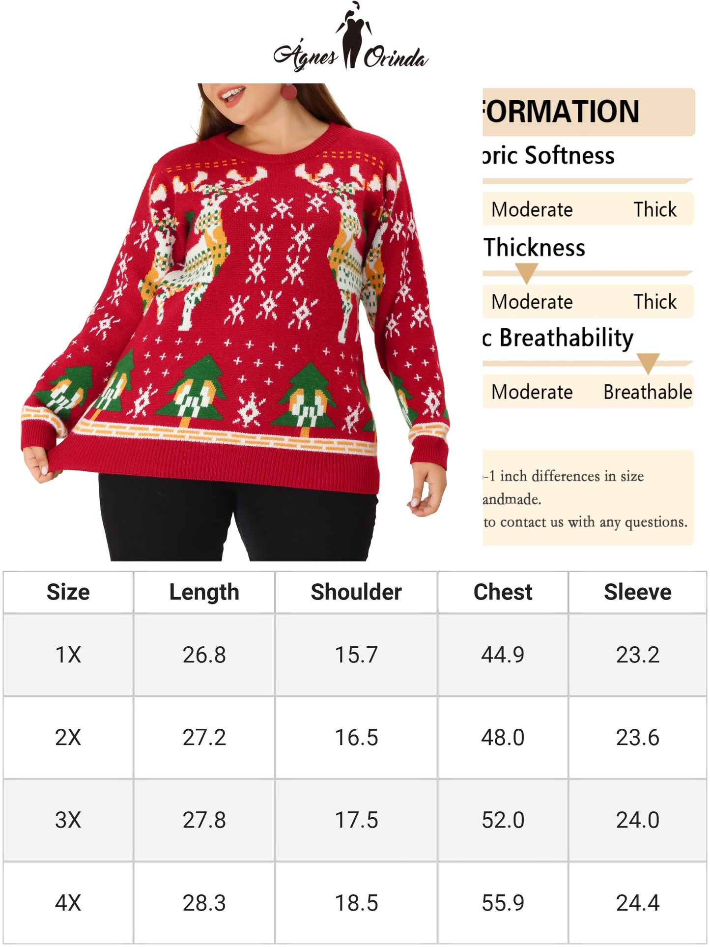 Women Plus Size Sweater Ugly Christmas Funny Cute Reindeer Snowflake Knitted Pullover Jumper Top