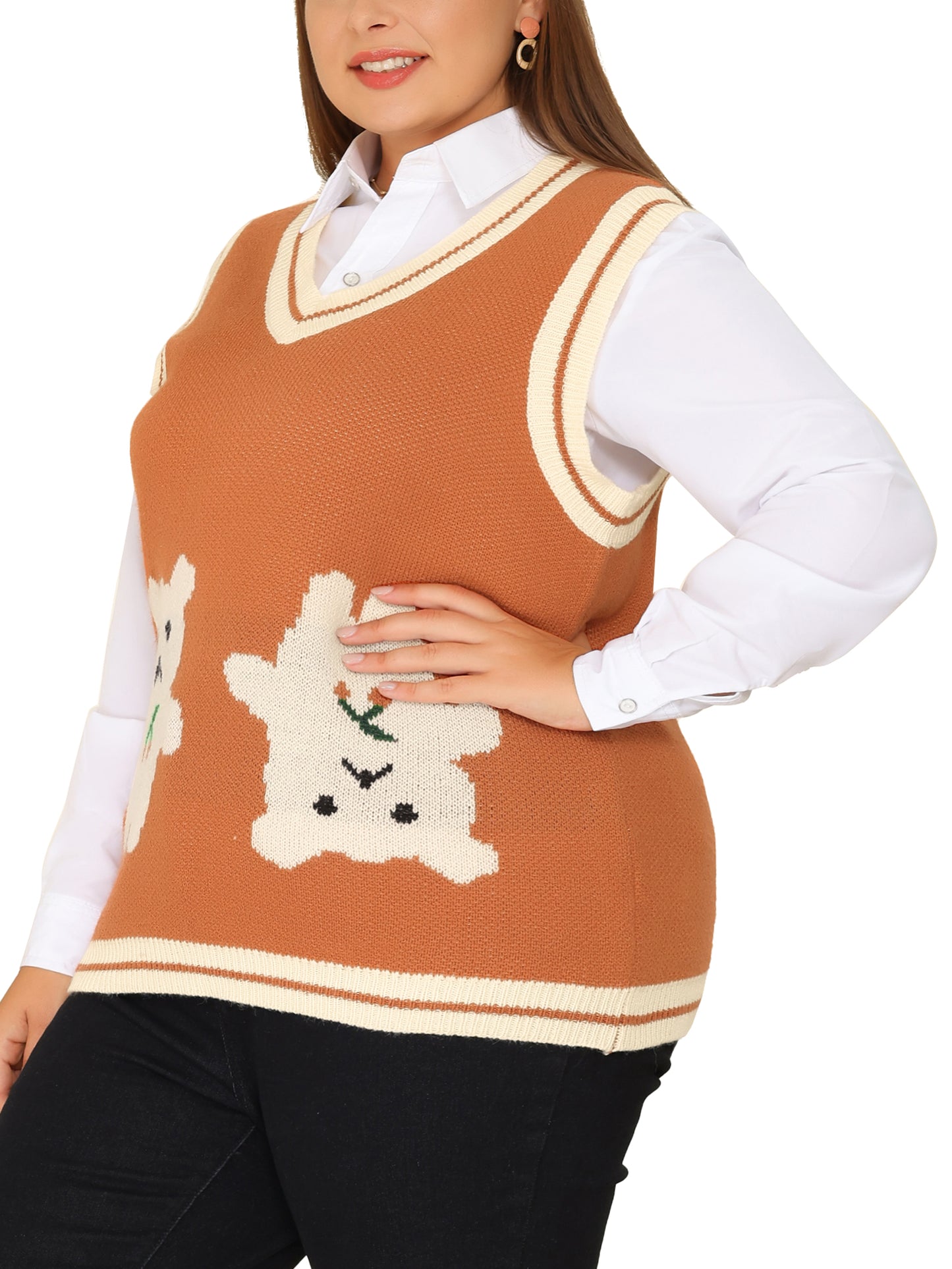 Women Plus Size Sweater Vest V Neck Knit Sleeveless Pullover Top
