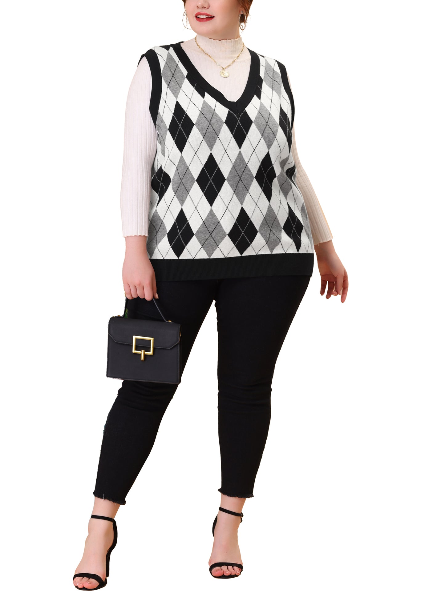 Women Plus Size Sweater Vest Plaid Cable Knit Sleeveless Pullover Crop Top Sweater Vest