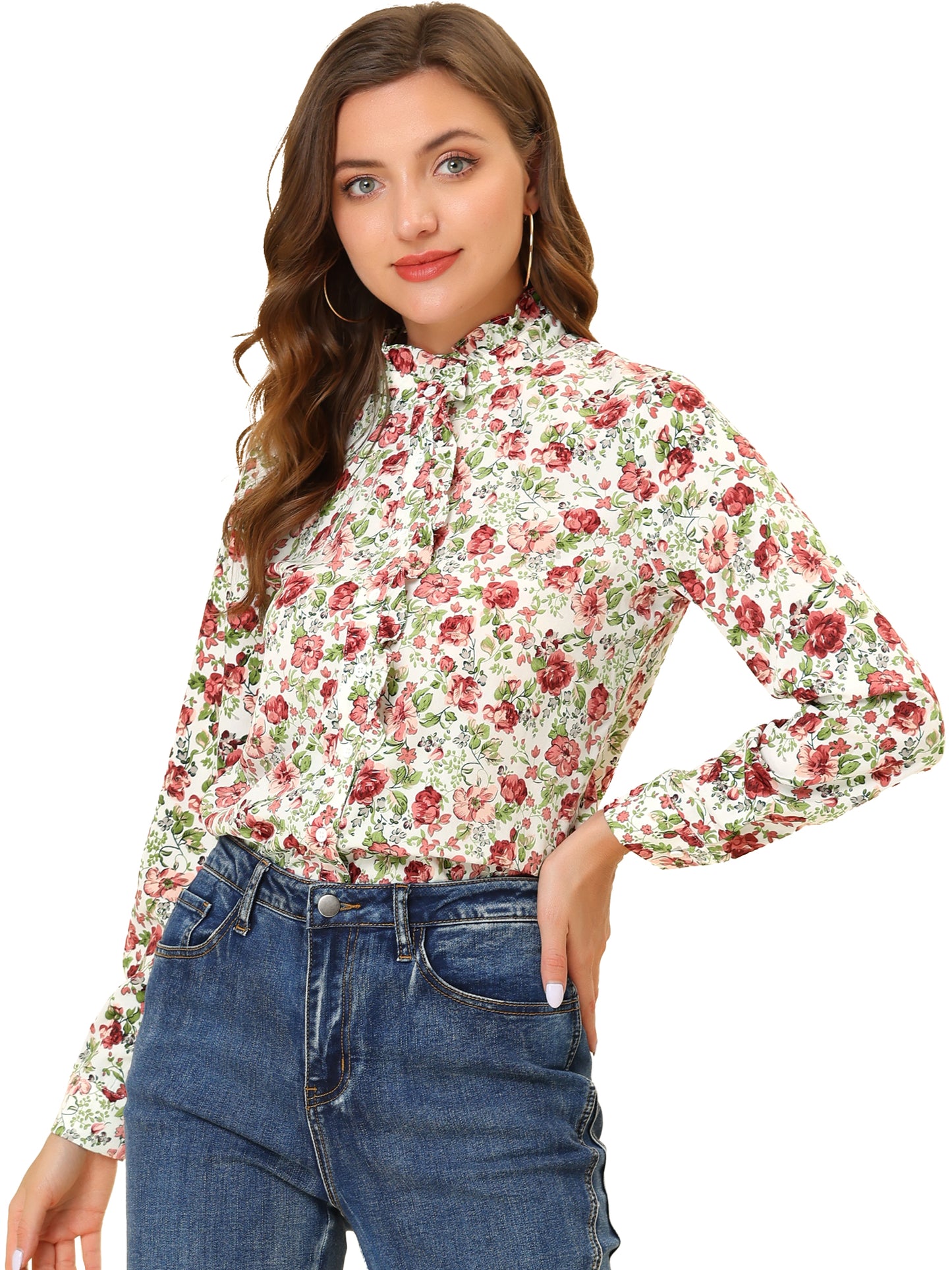 Women's Floral Printed Shirt Ruffled Button Up Mock Neck Blouse