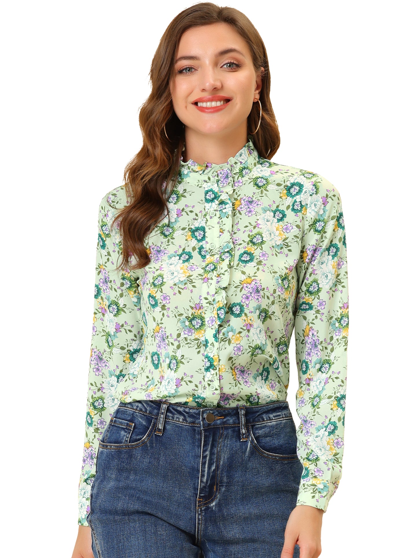 Women's Floral Printed Shirt Ruffled Button Up Mock Neck Blouse