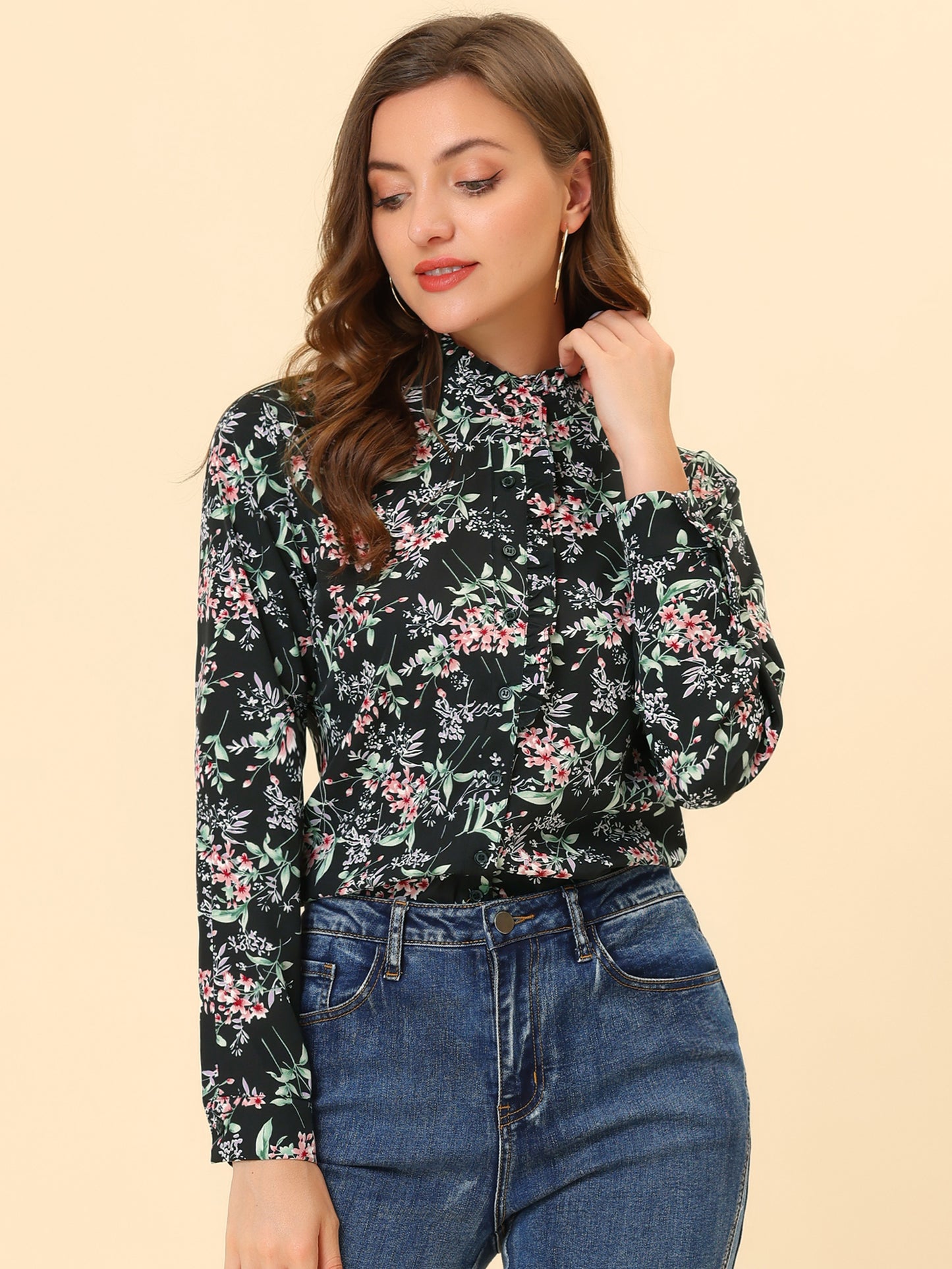 Women's Floral Printed Shirt Ruffled Button Up Mock Neck Blouse