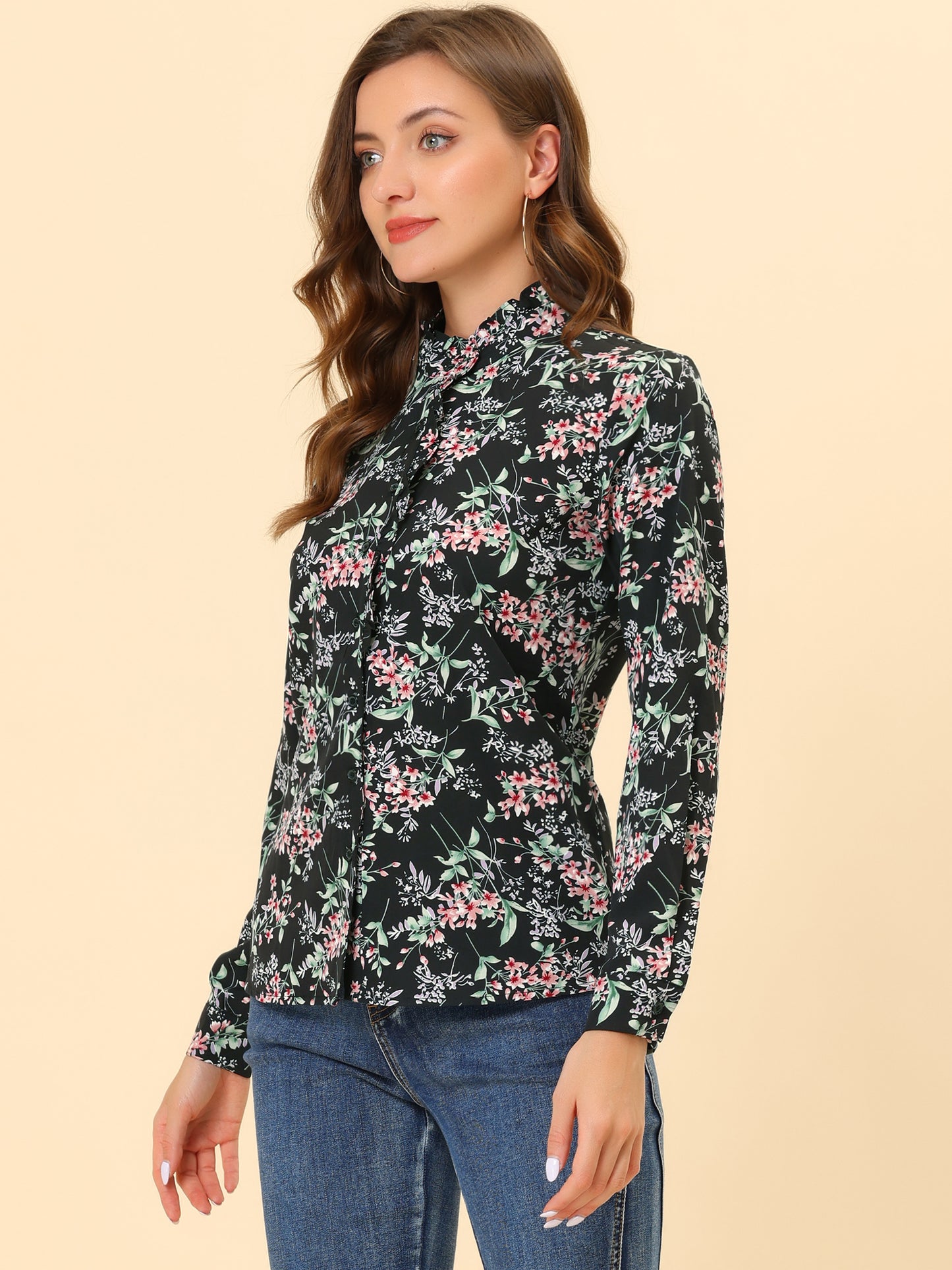 Women's Floral Printed Shirt Ruffled Button Up Mock Neck Blouse