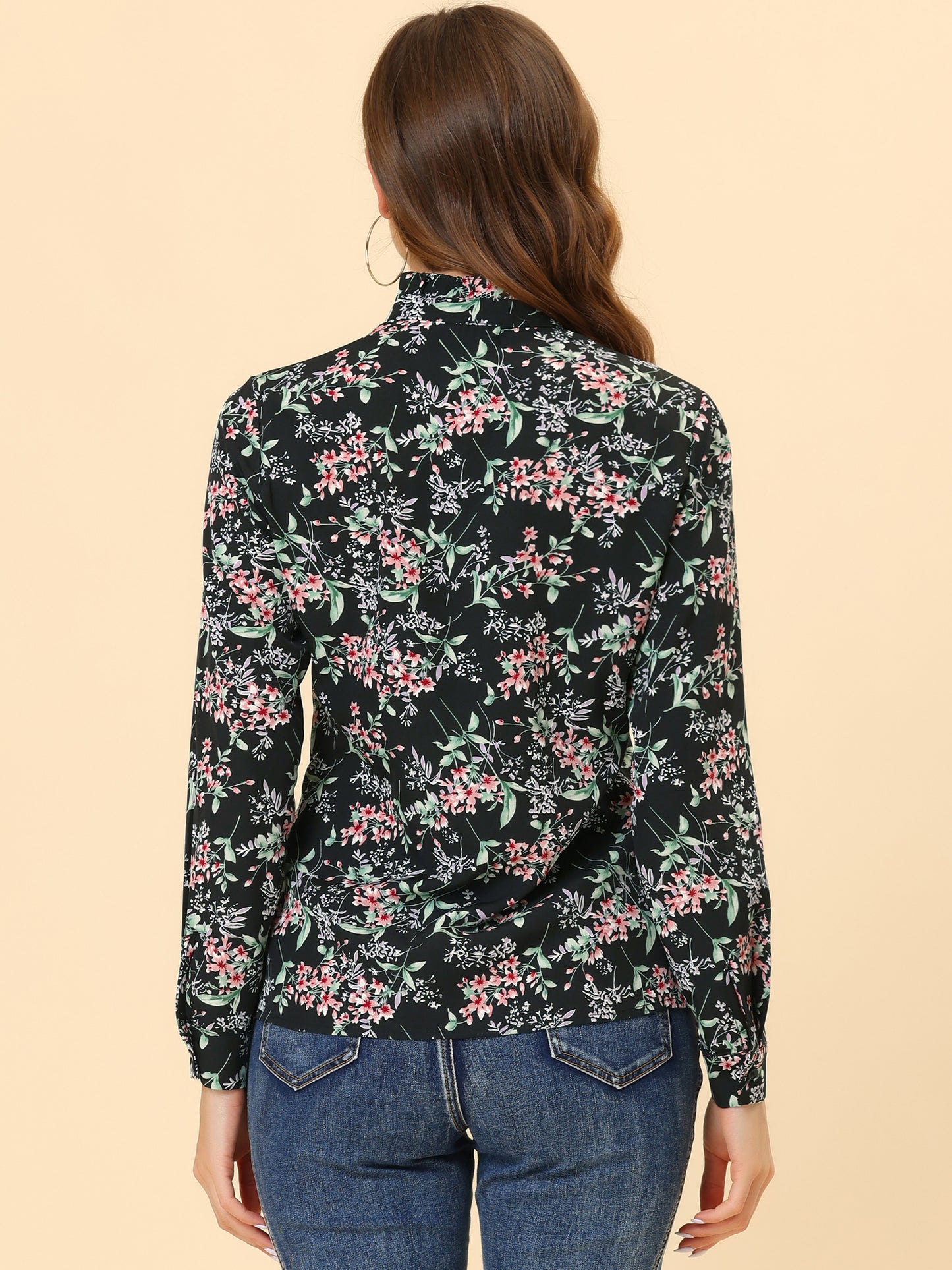 Women's Floral Printed Shirt Ruffled Button Up Mock Neck Blouse