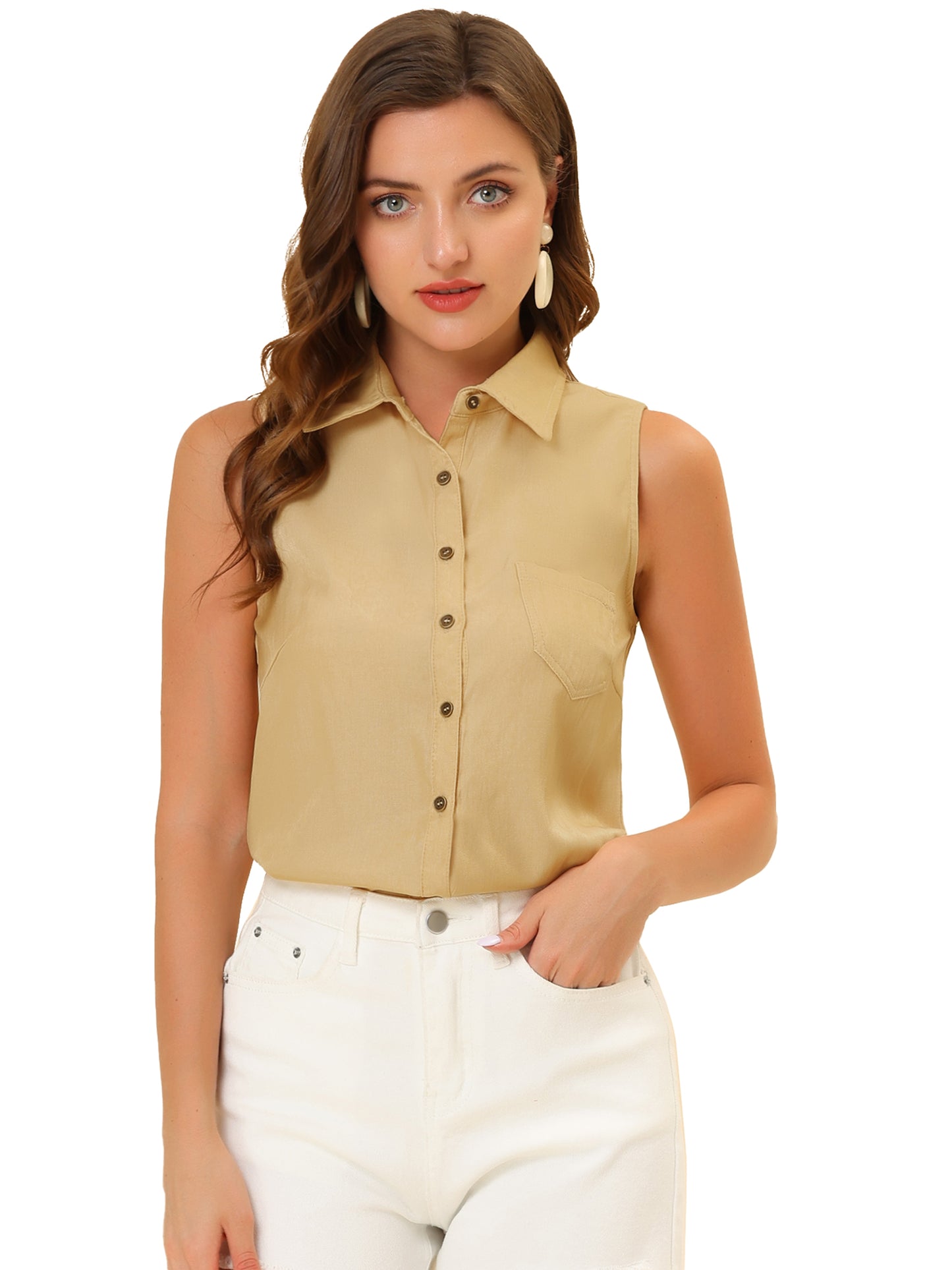 Women Single Breasted Point Collar Sleeveless Shirt (Available in Plus Size)