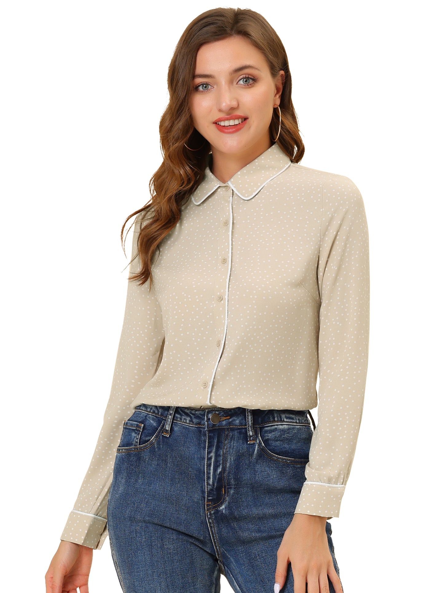 Women's Printed Long Sleeve Piped Button Down Office Shirt