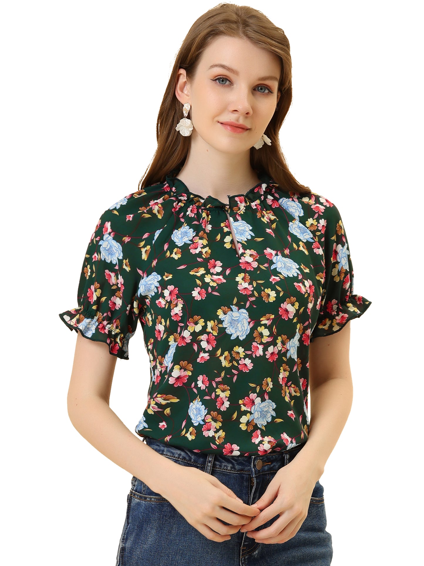 Blusa informal de verano de manga corta con cuello alto y estampado floral con volantes para mujer