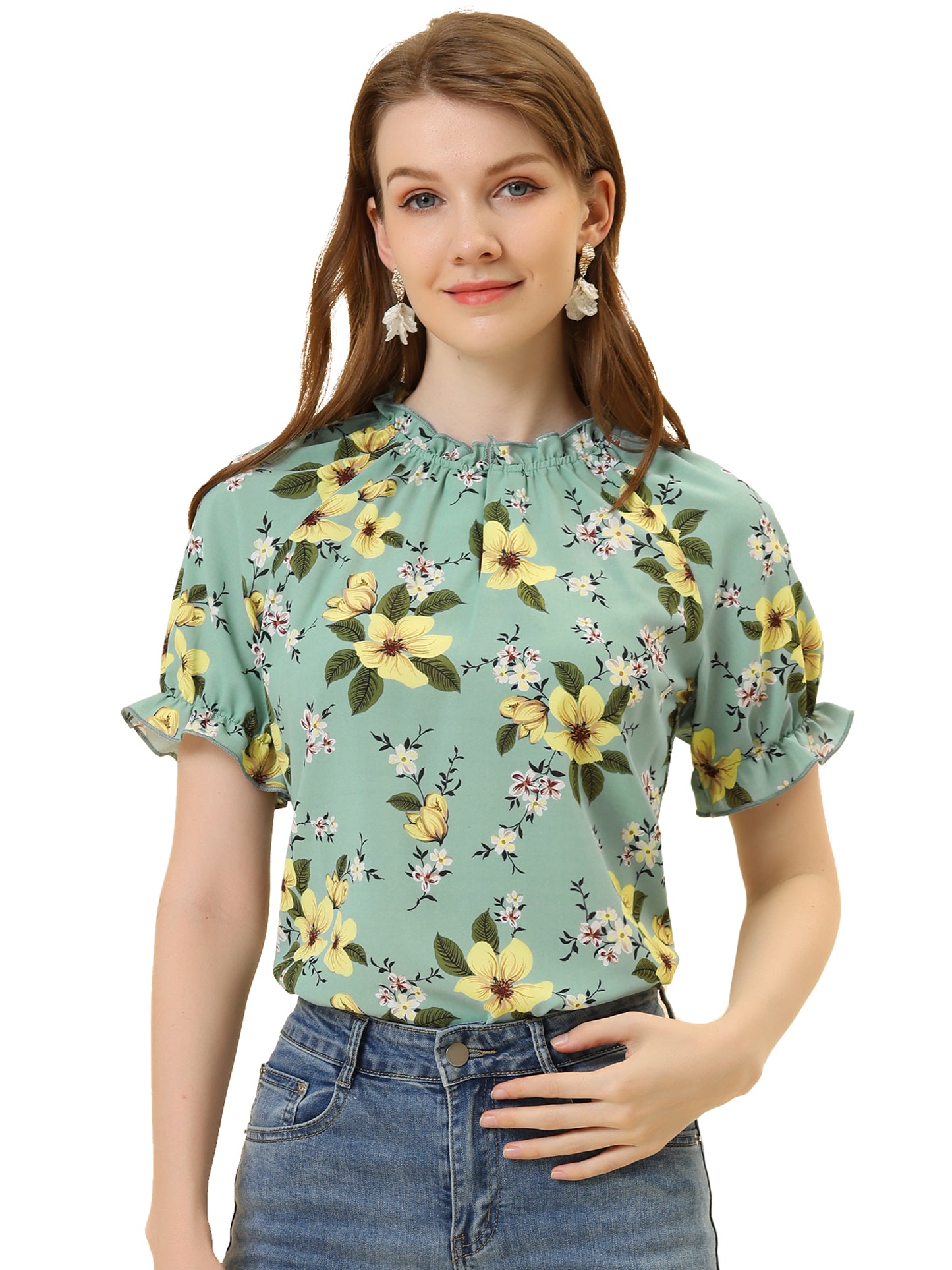 Blusa informal de verano de manga corta con cuello alto y estampado floral con volantes para mujer