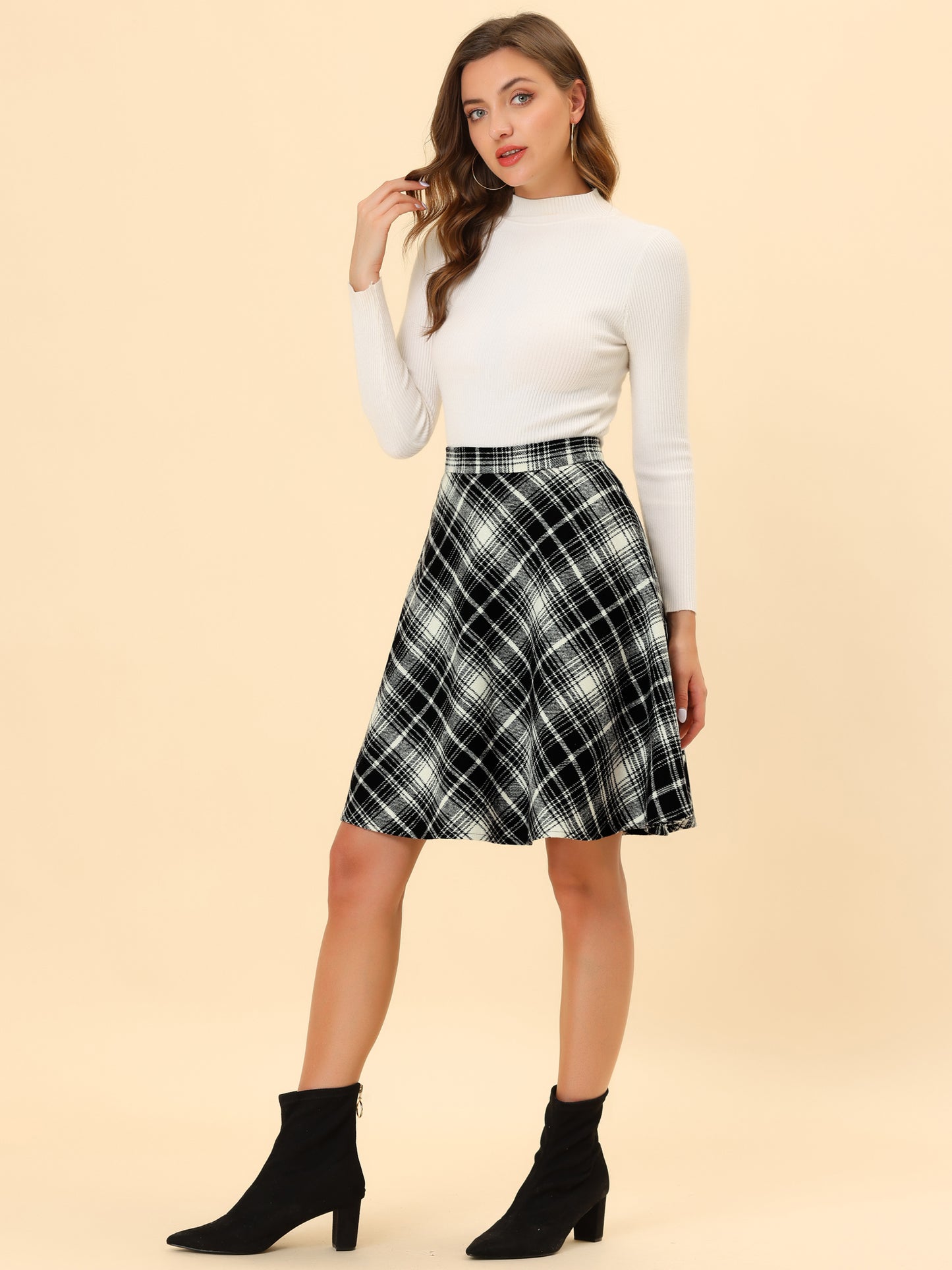 Women's Plaids Tartan Elastic Waist Knee Length A-Line Skirt