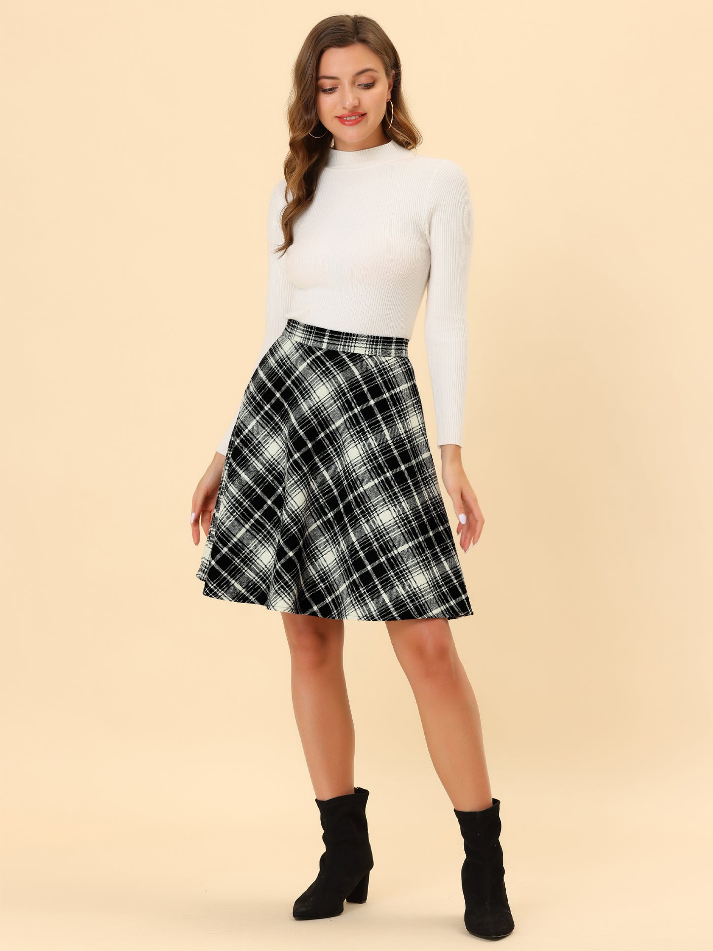 Women's Plaids Tartan Elastic Waist Knee Length A-Line Skirt
