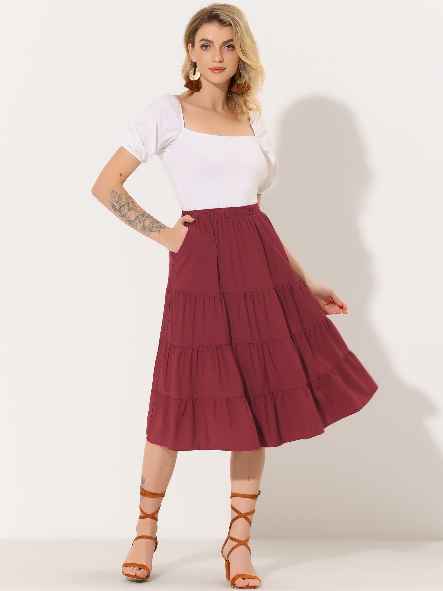 Faldas midi para mujer, estilo bohemio, plisadas, con vuelo, con cintura elástica, largas, con bolsillos