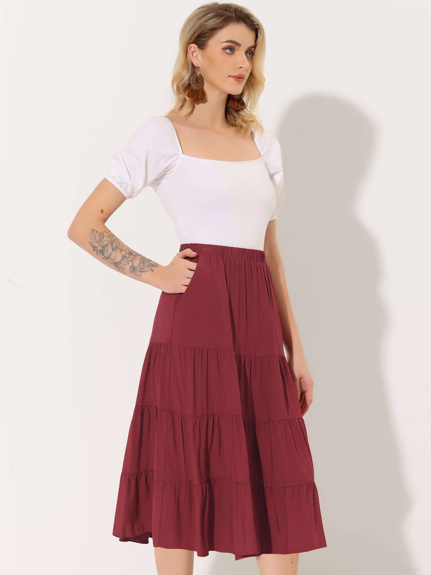 Faldas midi para mujer, estilo bohemio, plisadas, con vuelo, con cintura elástica, largas, con bolsillos