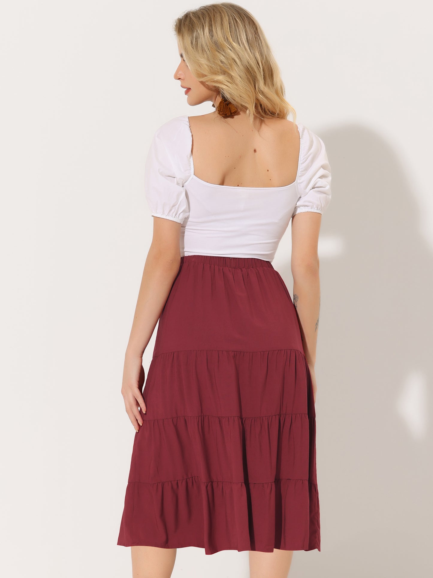 Faldas midi para mujer, estilo bohemio, plisadas, con vuelo, con cintura elástica, largas, con bolsillos