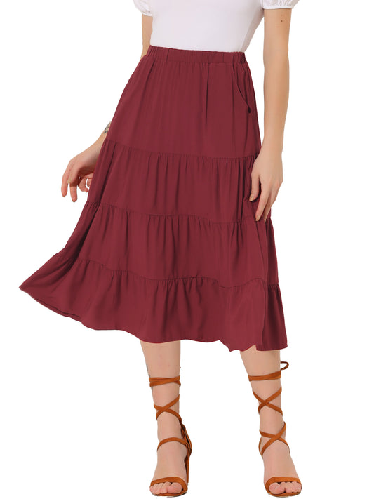 Faldas midi para mujer, estilo bohemio, plisadas, con vuelo, con cintura elástica, largas, con bolsillos