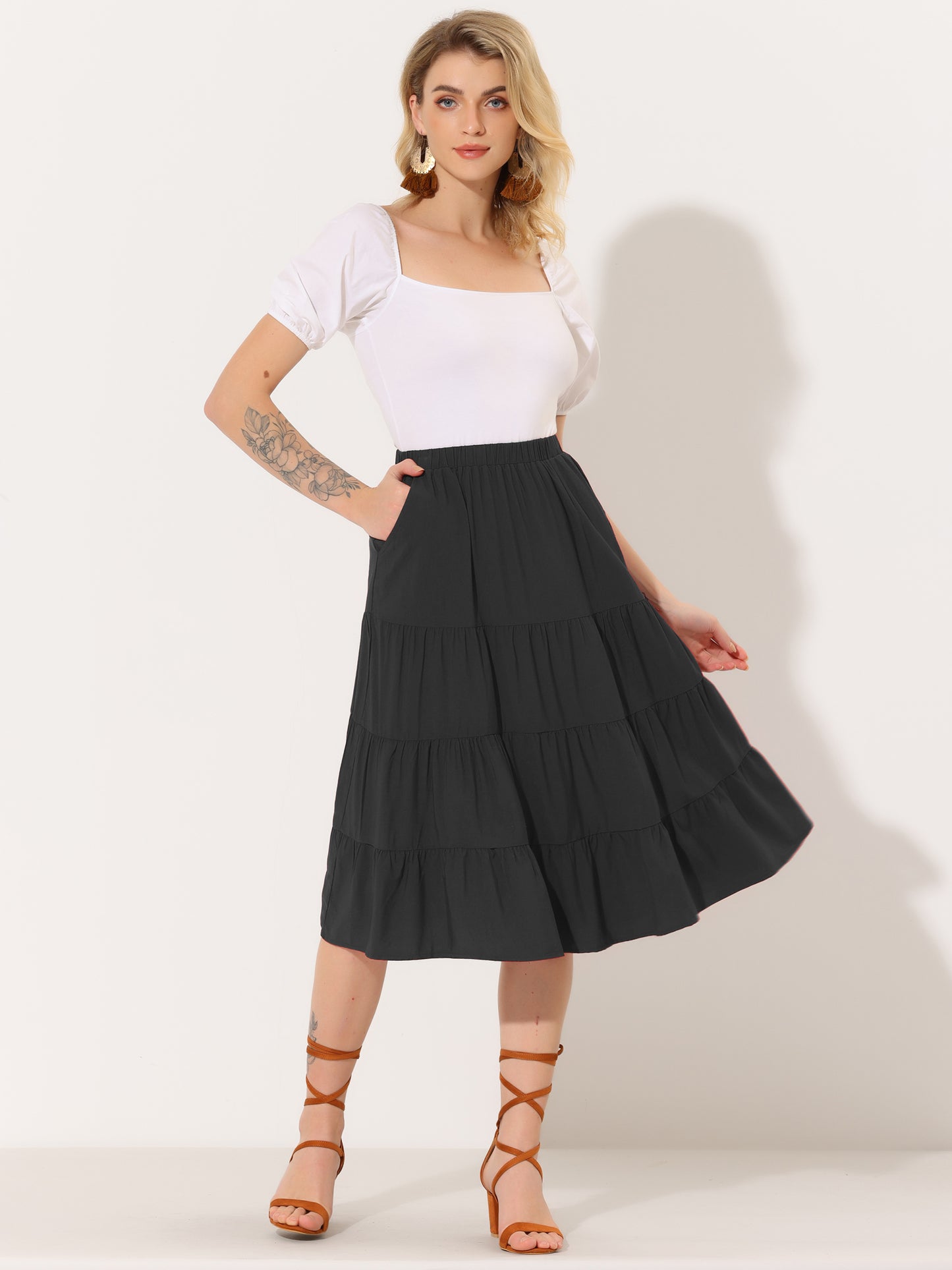 Faldas midi para mujer, estilo bohemio, plisadas, con vuelo, con cintura elástica, largas, con bolsillos