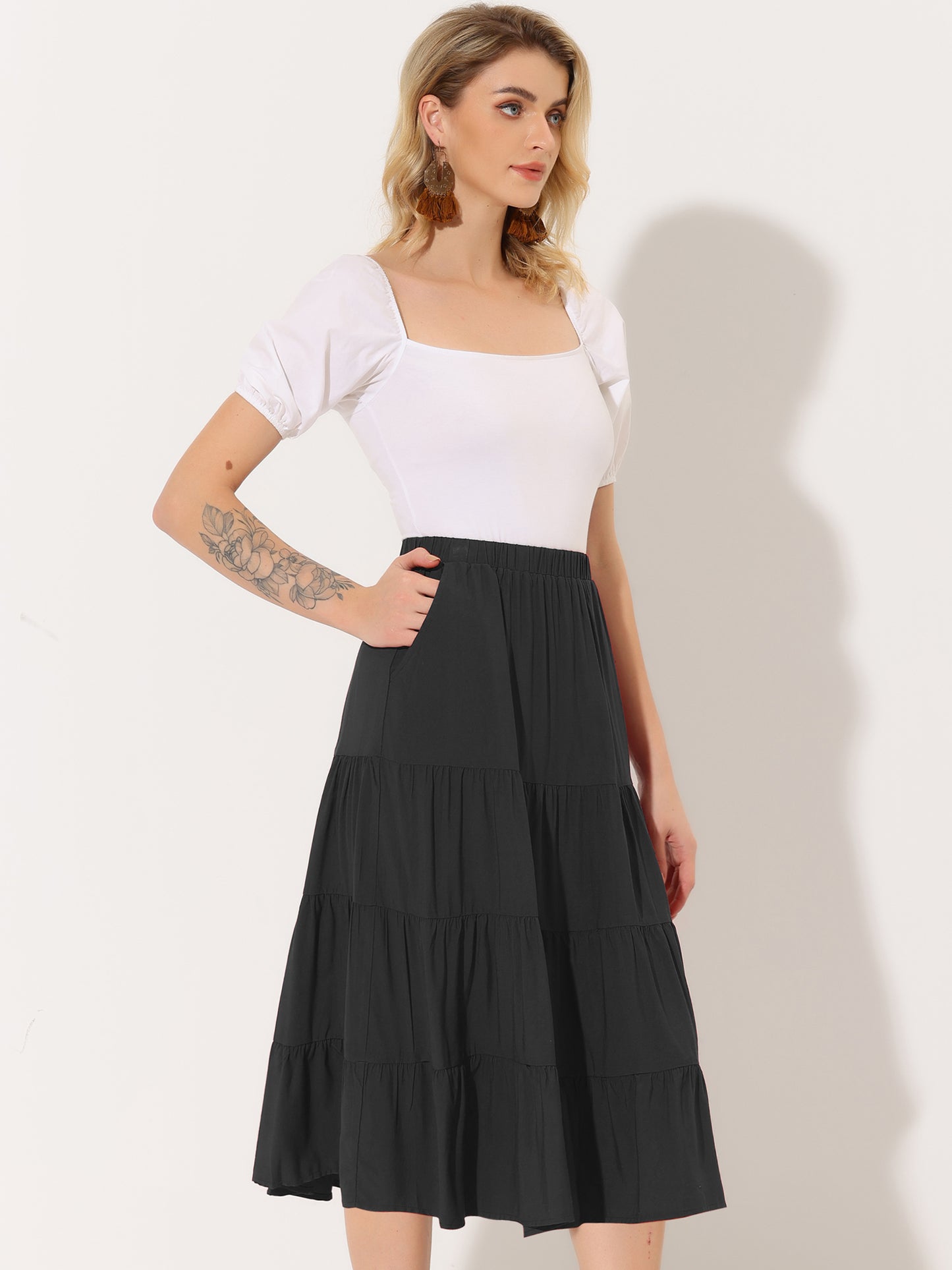 Faldas midi para mujer, estilo bohemio, plisadas, con vuelo, con cintura elástica, largas, con bolsillos