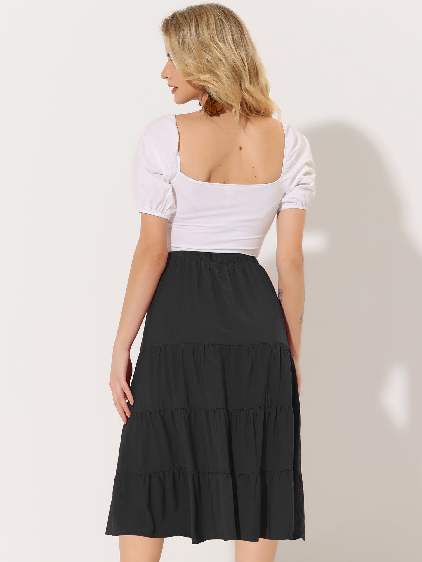 Faldas midi para mujer, estilo bohemio, plisadas, con vuelo, con cintura elástica, largas, con bolsillos