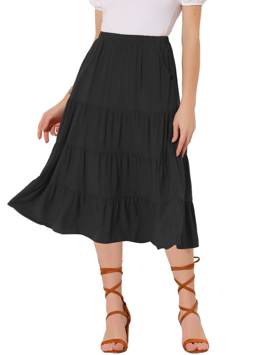 Women's Midi Skirts Flare Tiered Pleated Boho Solid Elastic Waist Long A-Line Skirt with Pockets
