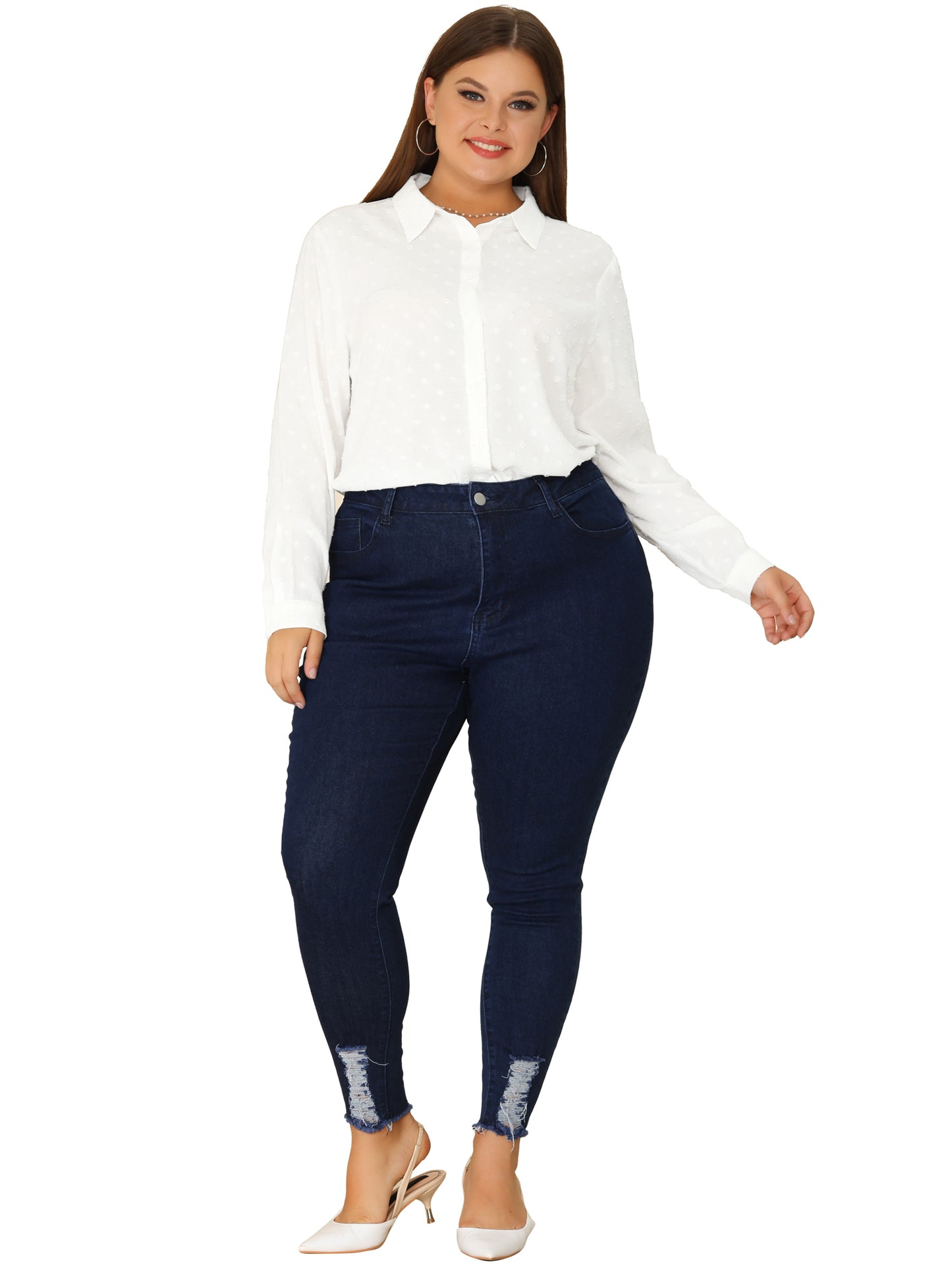 Women Plus Size Long Sleeve Button Down Top Swiss Dots Shirt