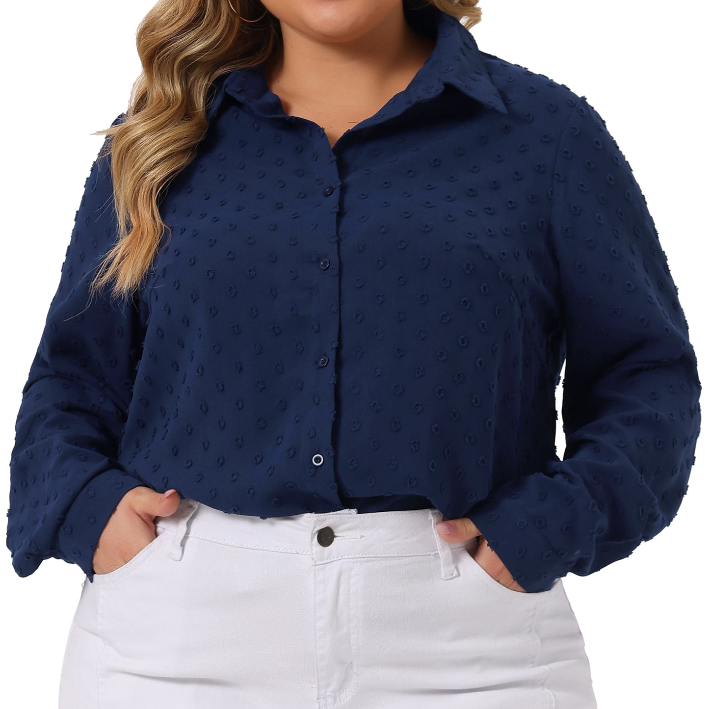 Women Plus Size Long Sleeve Button Down Top Swiss Dots Shirt