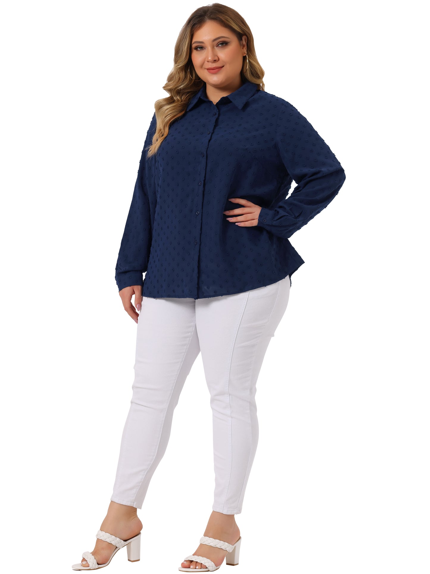 Women Plus Size Long Sleeve Button Down Top Swiss Dots Shirt