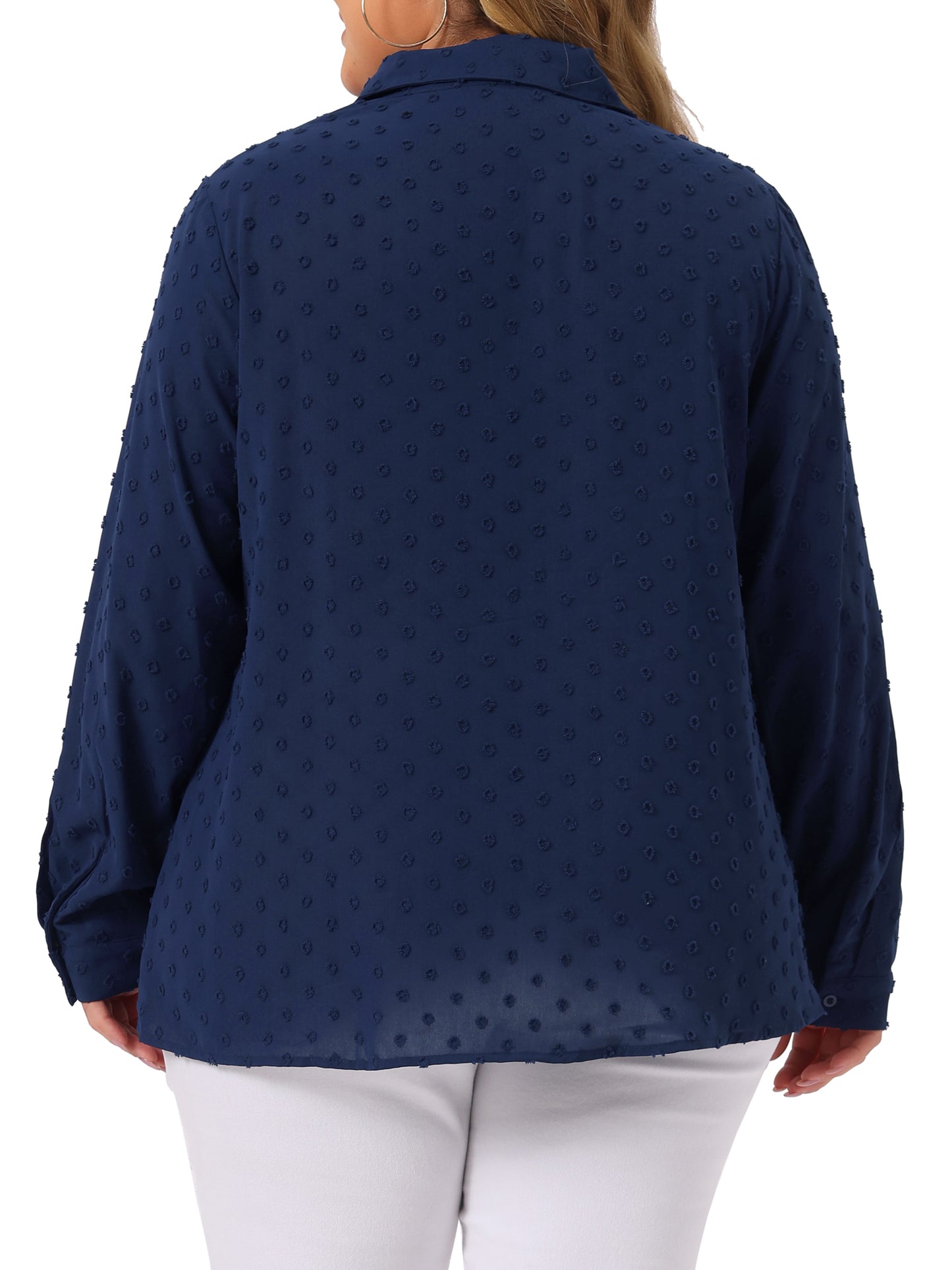 Women Plus Size Long Sleeve Button Down Top Swiss Dots Shirt