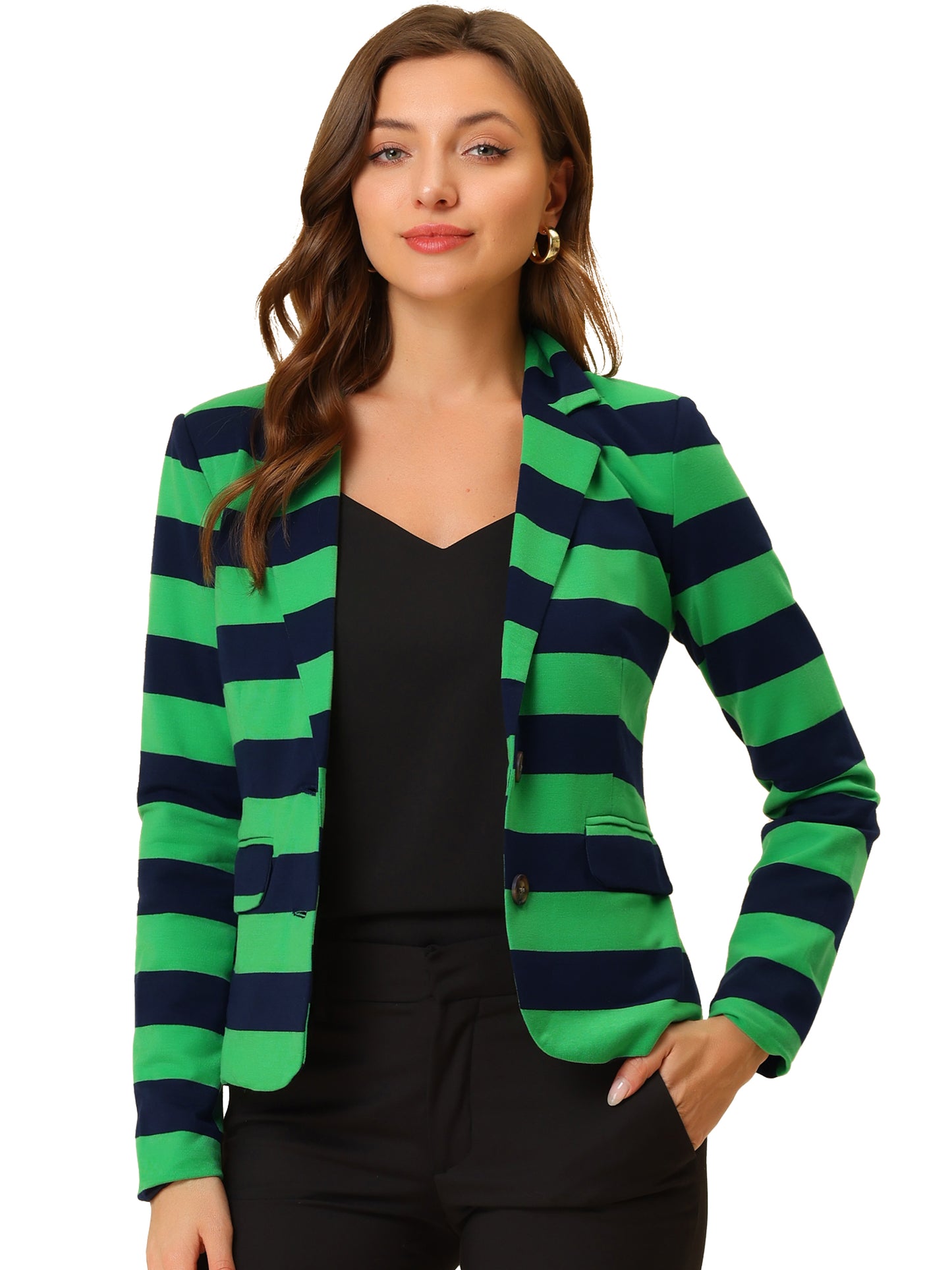 Women's Business Casual Notched Lapel Pocket Button Closure Striped Blazer (Available in Plus Size)