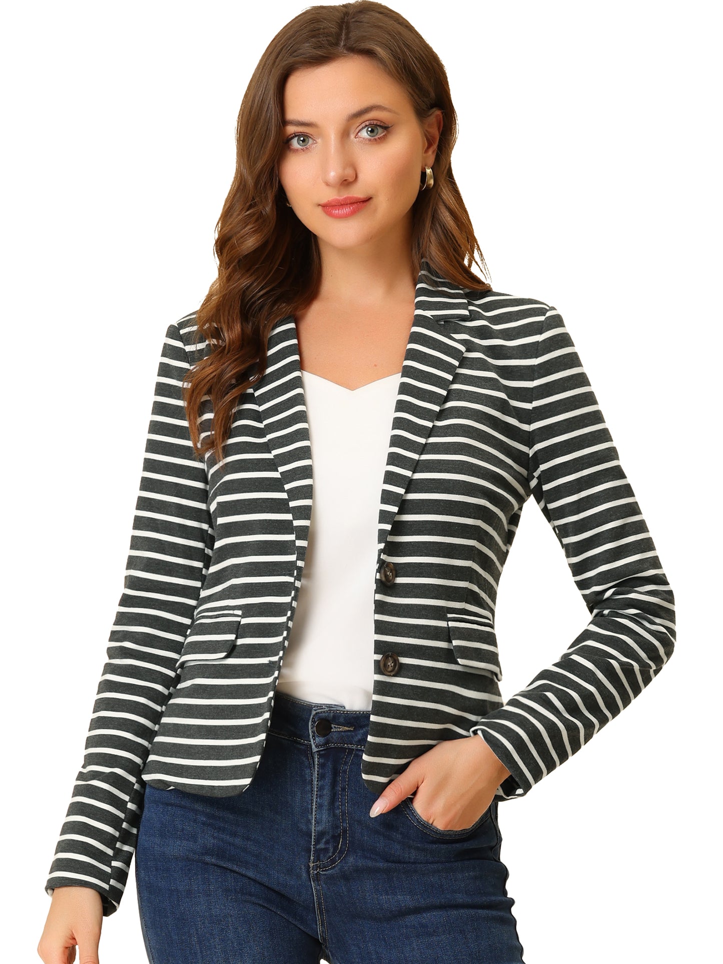 Women's Business Casual Notched Lapel Pocket Button Closure Striped Blazer (Available in Plus Size)