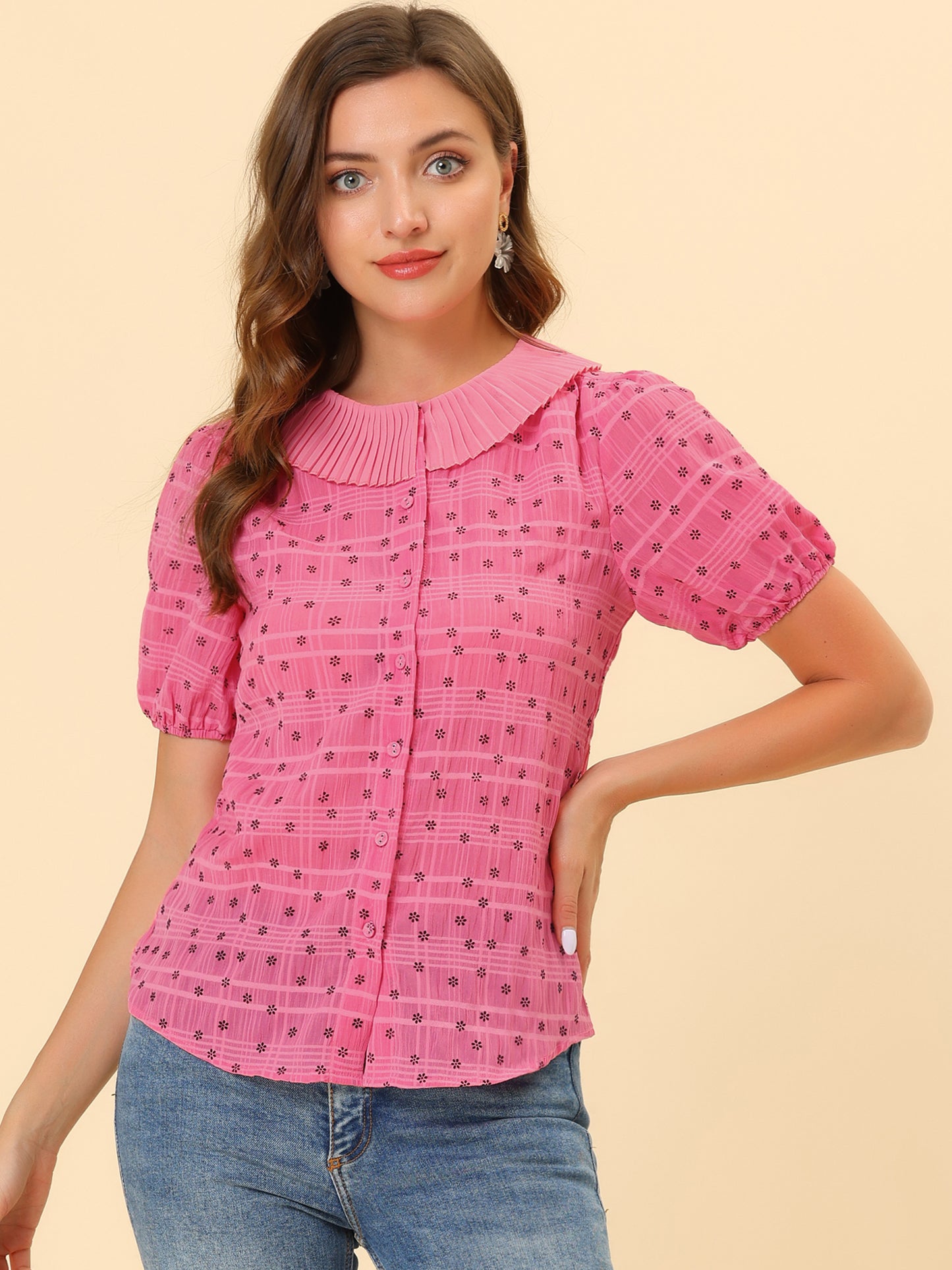 Blusa informal de manga corta con botones y cuello plisado para mujer, estilo diario, con estampado floral