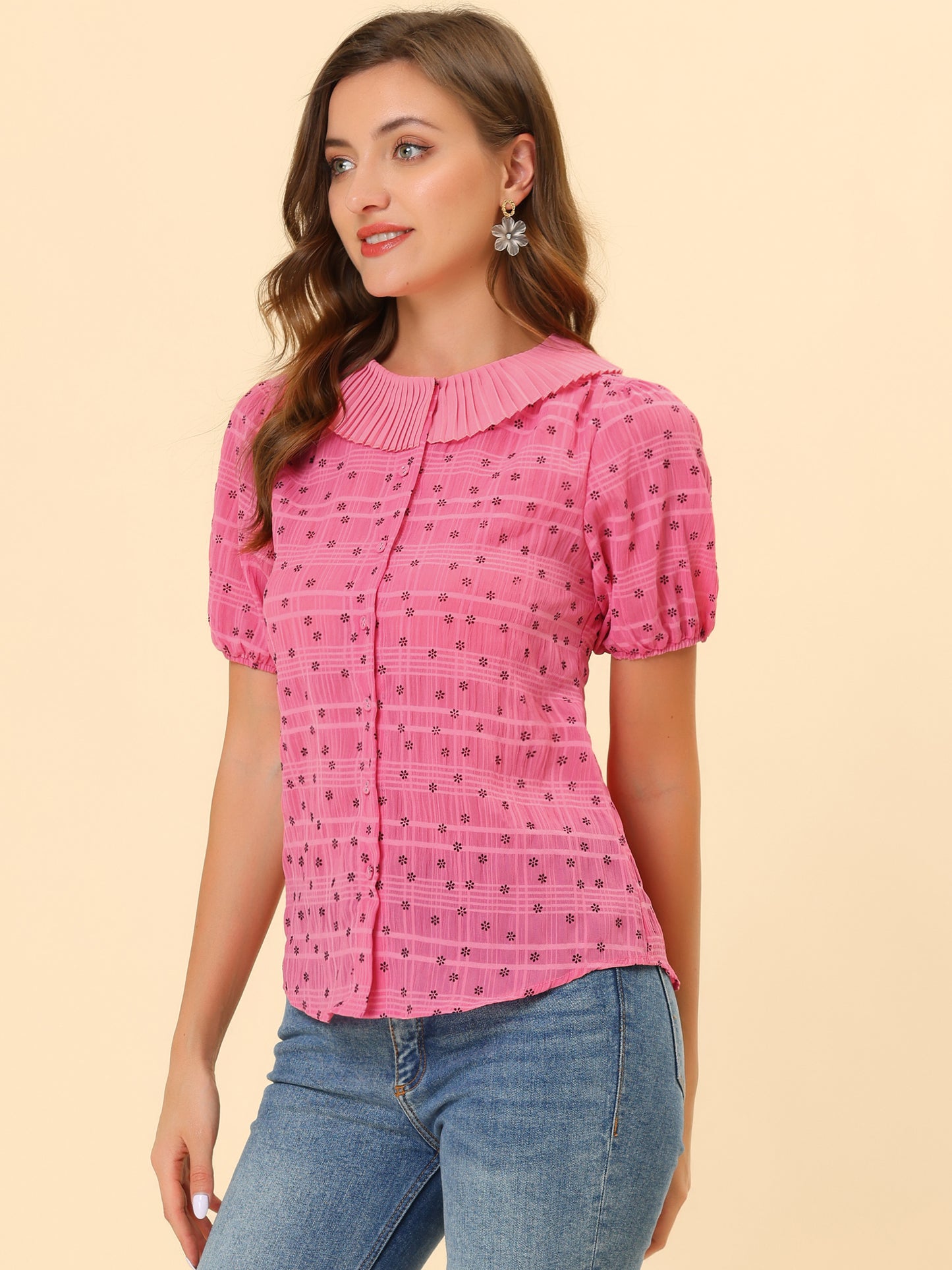 Blusa informal de manga corta con botones y cuello plisado para mujer, estilo diario, con estampado floral