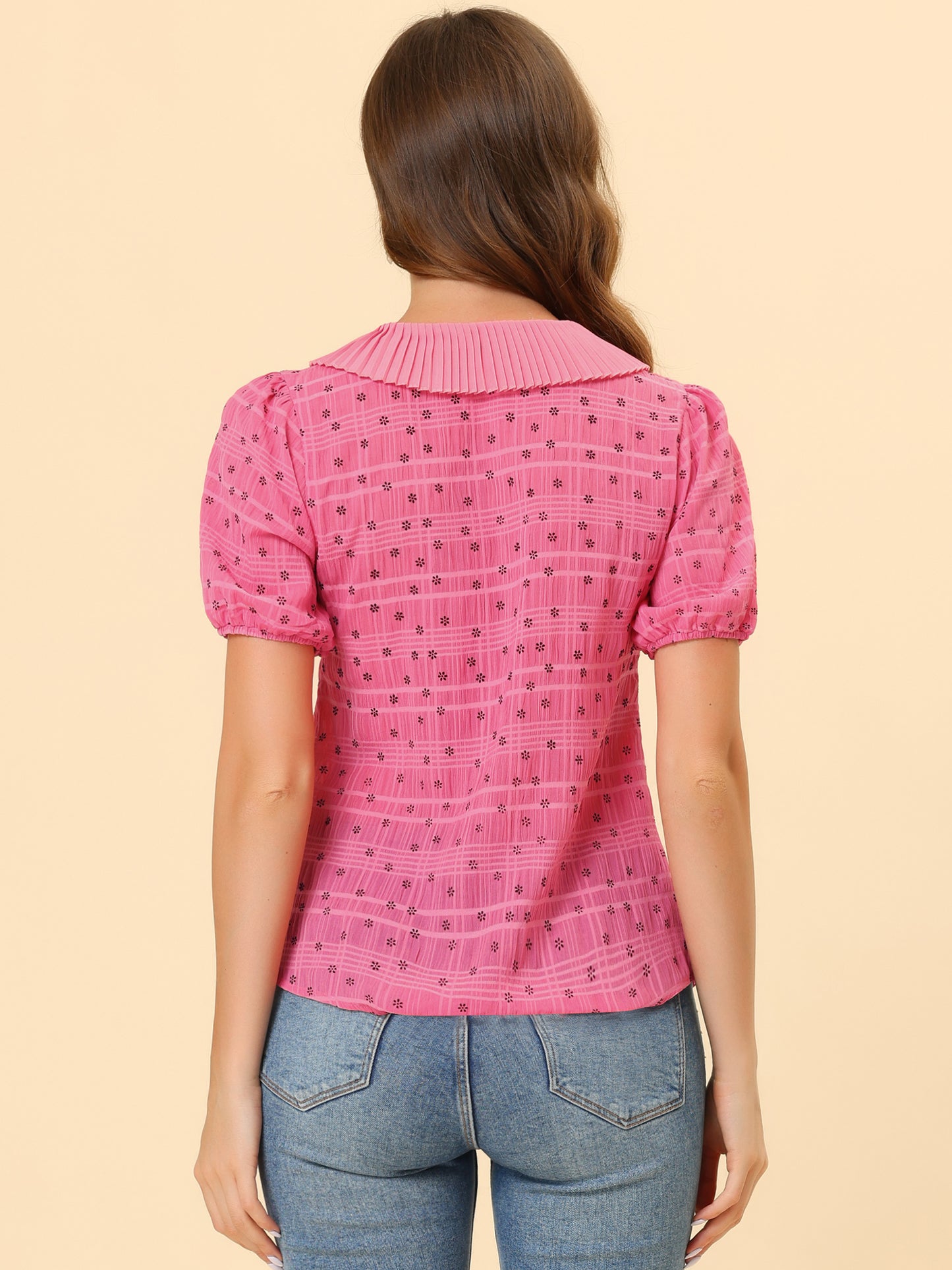 Blusa informal de manga corta con botones y cuello plisado para mujer, estilo diario, con estampado floral